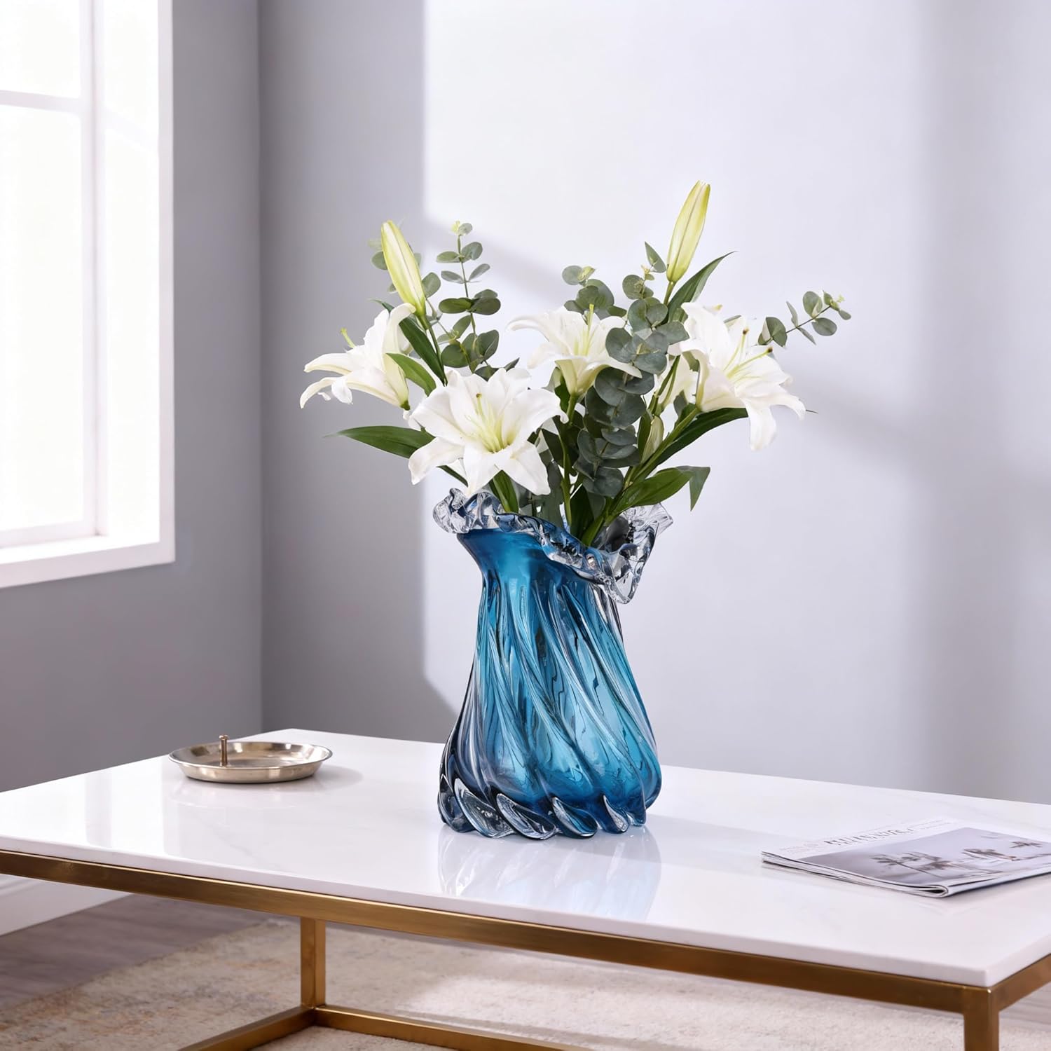 Hand-Blown Blue Glass vase, Wide-Mouth Decorative vase, Blue Glass vase, Suitable for centerpieces on Dining Tables, Living Room Coffee Tables, TV Stands, entryway Decor, and Office Desk Accents.(S)