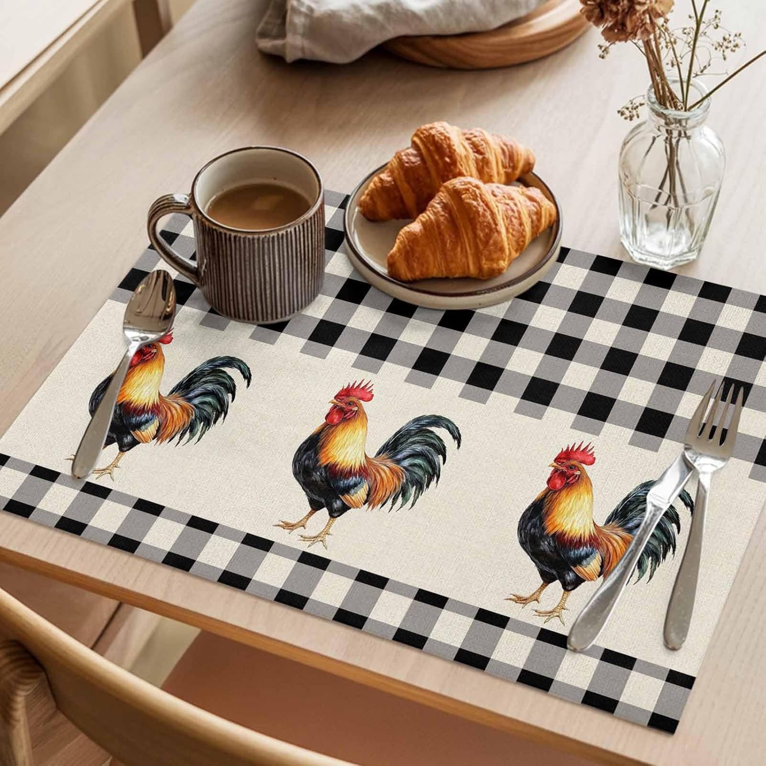 Placemats for Dining Table, Rooster Black Buffalo Check Plaid Vintage Farm Cock Chicken Heat-Resistant Non-Slip Burlap Place Mats for Kitchen Table Wedding Party, Set of 6