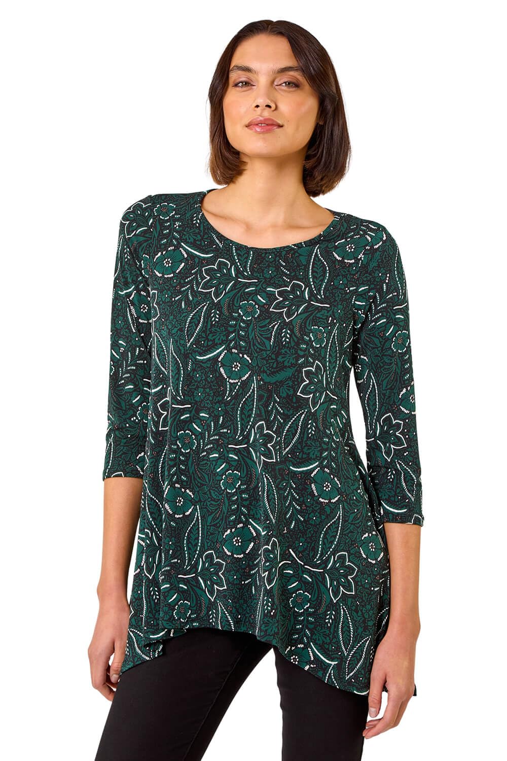 Roman Originals Women's Teal Noir Hanky Hem Tunic Top For Uk - Longline Blouse Asymmetric Hemline Casual Slouch Loose 3/4 Sleeves Round Neck Relaxed Comfortable Holiday - Size 12