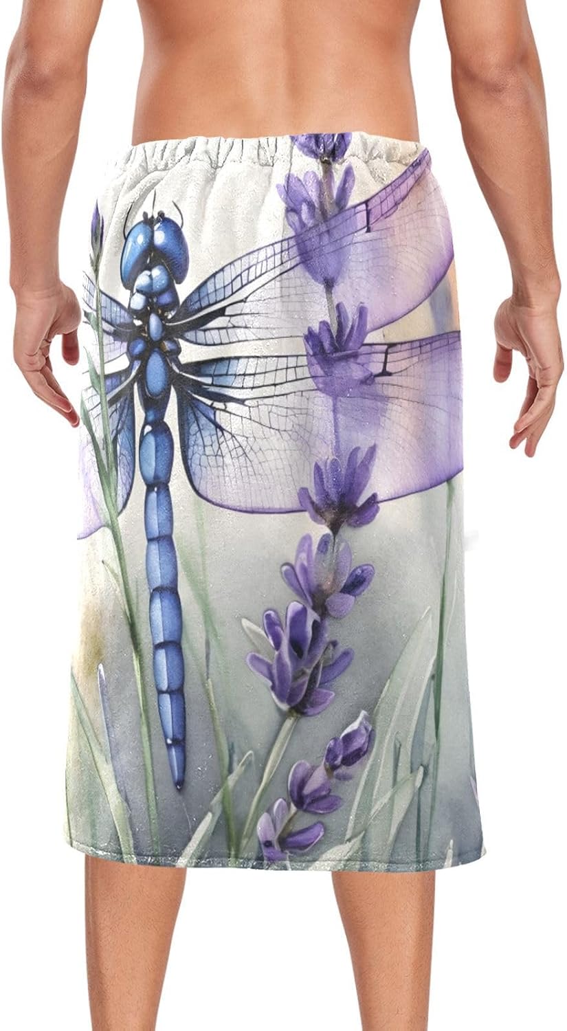 Bath Wrap Towel for Men Lavender Dragonfly Print, Plush Quick Drying Shower Bath Sheet 60x28 Inches with Waistband Snap Button for Bathroom Gym Spa Travel