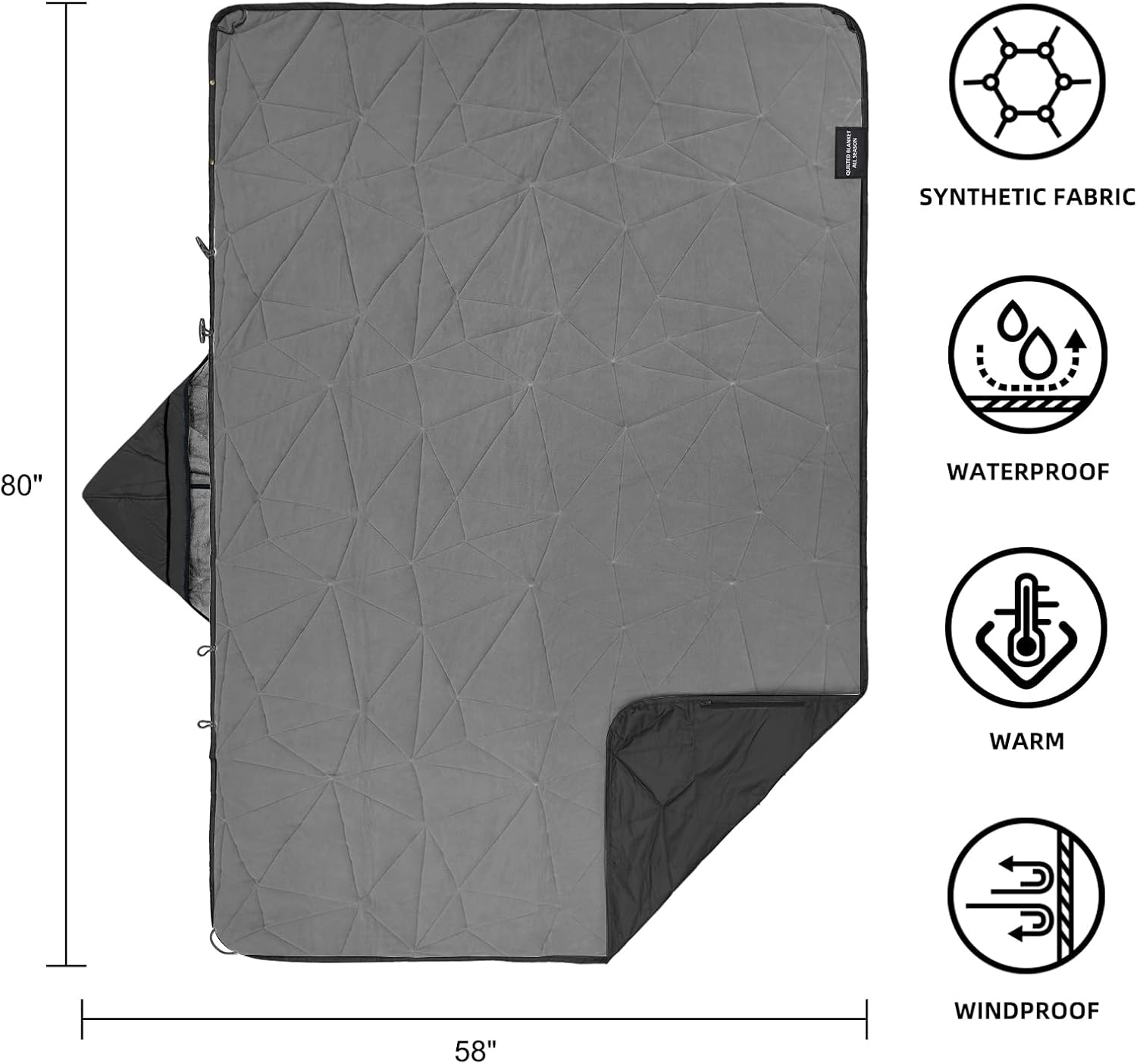 Large Outdoor Waterproof Blanket Extra Thick Fleece Stadium Blanket for Camping, Car, Pet, Picnics - Windproof, Wearable, Machine Washable 80" x 58" (Black Gray,Hooded)