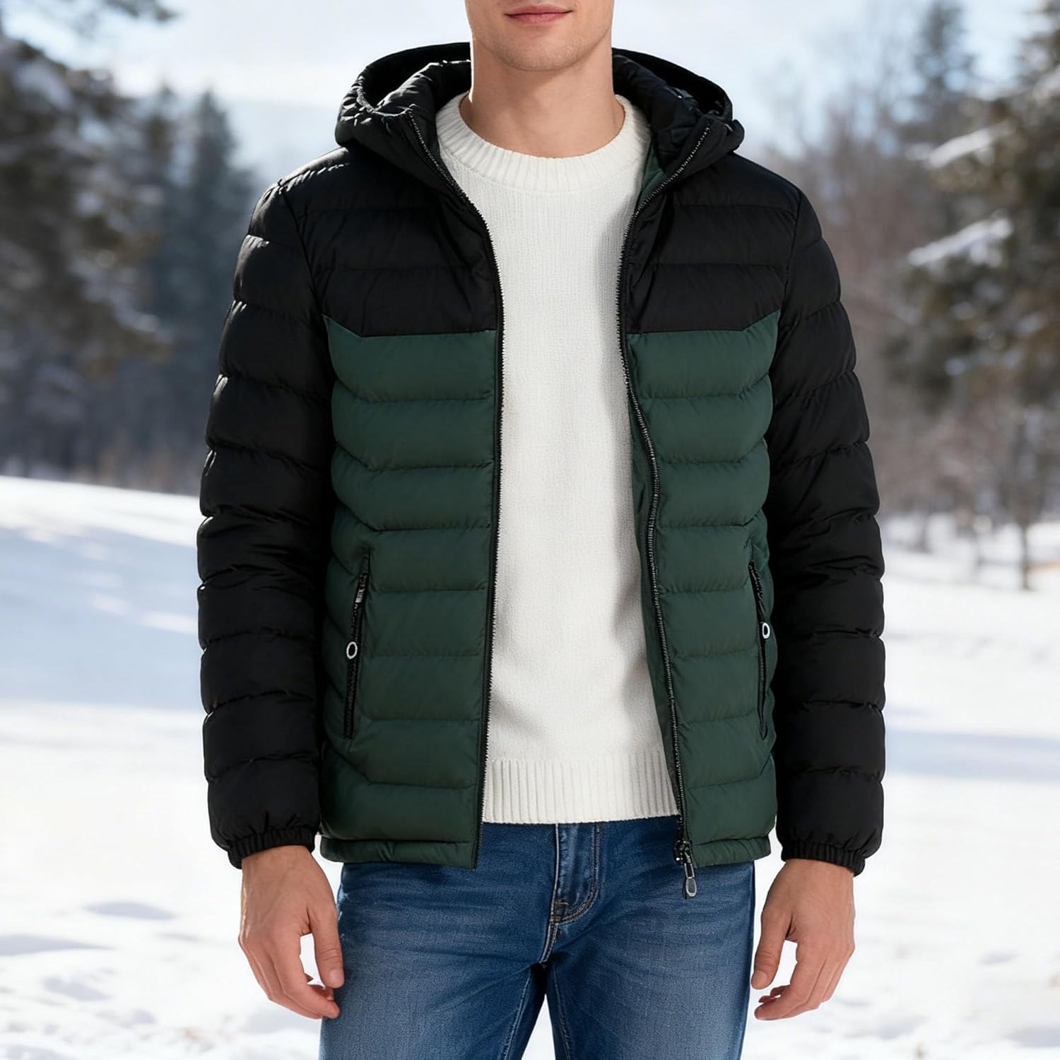 Men Winter Warm Zipper Down Coat Detachable Hooded Fashion Puffer Jacket Outdoor Contrast Color Down Outerwear
