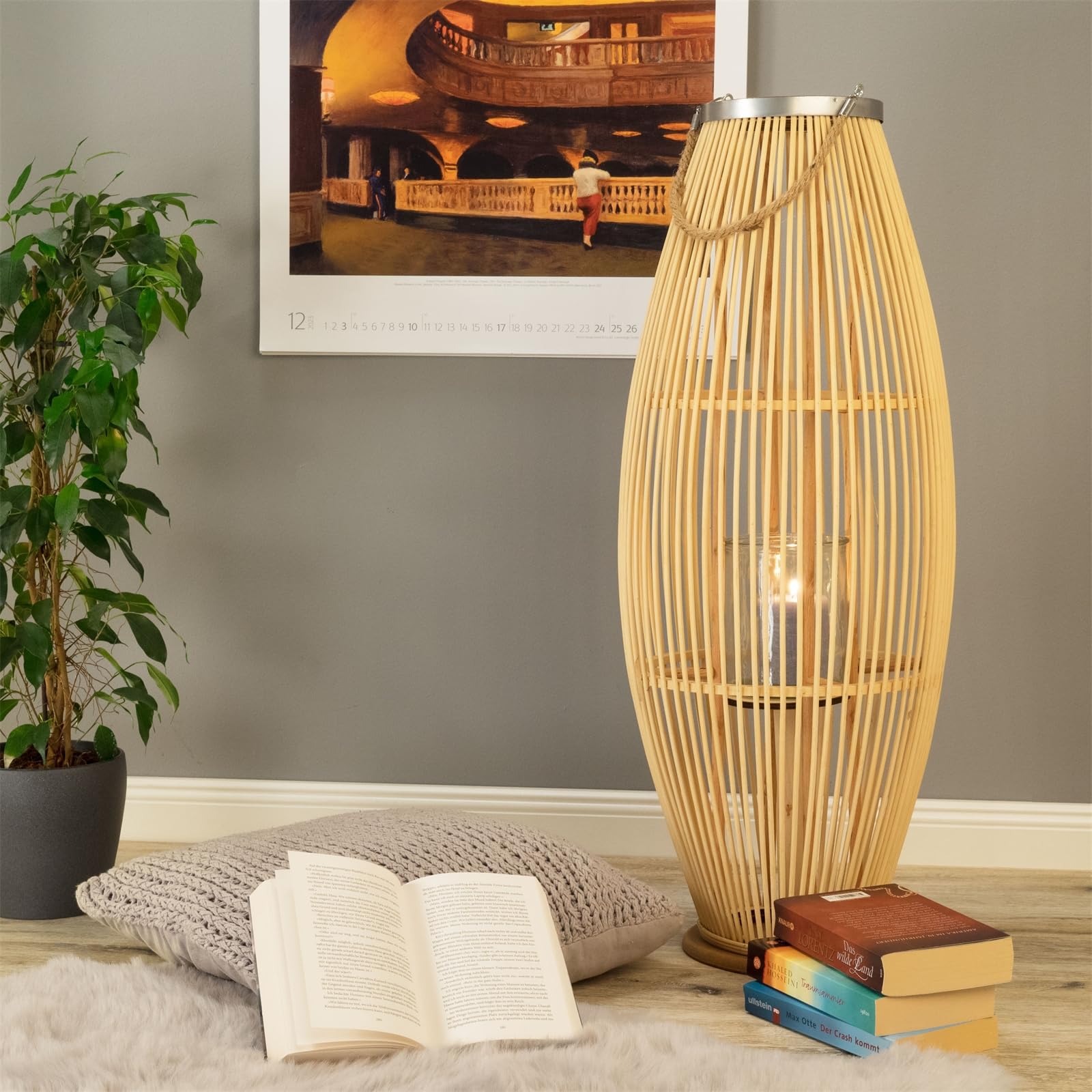 Lanterne en bambou avec anse et insert en verre Bougeoir en bois décorative 80 cm
