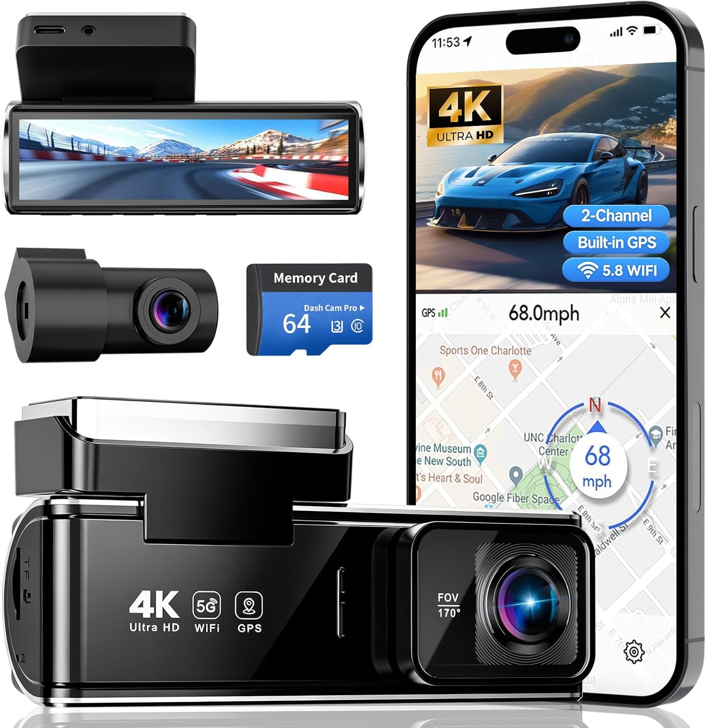 4K Dual Dash Cam Front and Rear, 2 Channel Car Camera with Built-in GPS 5.8GHz WiFi, 3.5" IPS Screen, 64GB Card Included, 170° Wide Angle, Night Vision, 24H Parking Monitor for Cars