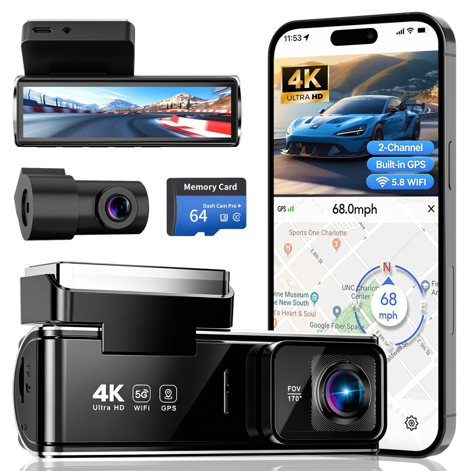 Photo 1 of 4K Dual Dash Cam Front and Rear, 2 Channel Car Camera with Built-in GPS 5.8GHz WiFi, 3.5" IPS Screen, 64GB Card Included, 170° Wide Angle, Night Vision, 24H Parking Monitor for Cars