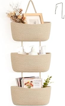 Dahey Over The Door Hanging Basket Storage 3-Tier Woven Wall Basket, Jute | Space-Saving, Hook Fits 1.77" Door, Widely Boho Nursery Organizer for Bathroom Bedroom Dorm Decor, Detachable Adjustable Rope