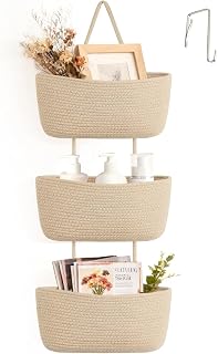 Dahey Over The Door Hanging Basket Storage 3-Tier Woven Wall Basket, Jute | Space-Saving, Hook Fits 1.77" Door, Widely Boho Nursery Organizer for Bathroom Bedroom Dorm Decor, Detachable Adjustable Rope