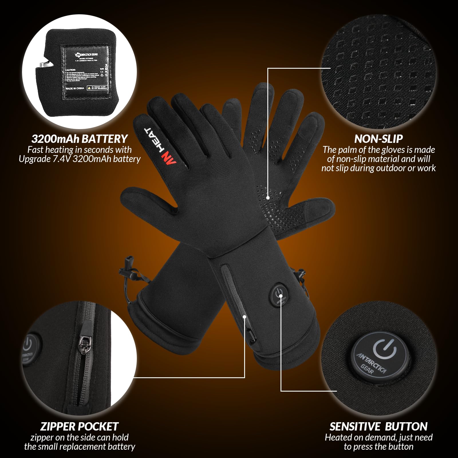 Heated Gloves, ANTARCTICA GEAR Winter Liners Heating Gloves for Men and Women, 3200mAh Rechargeable Battery Included, Hand Warm Gloves for Cold Weather(L)