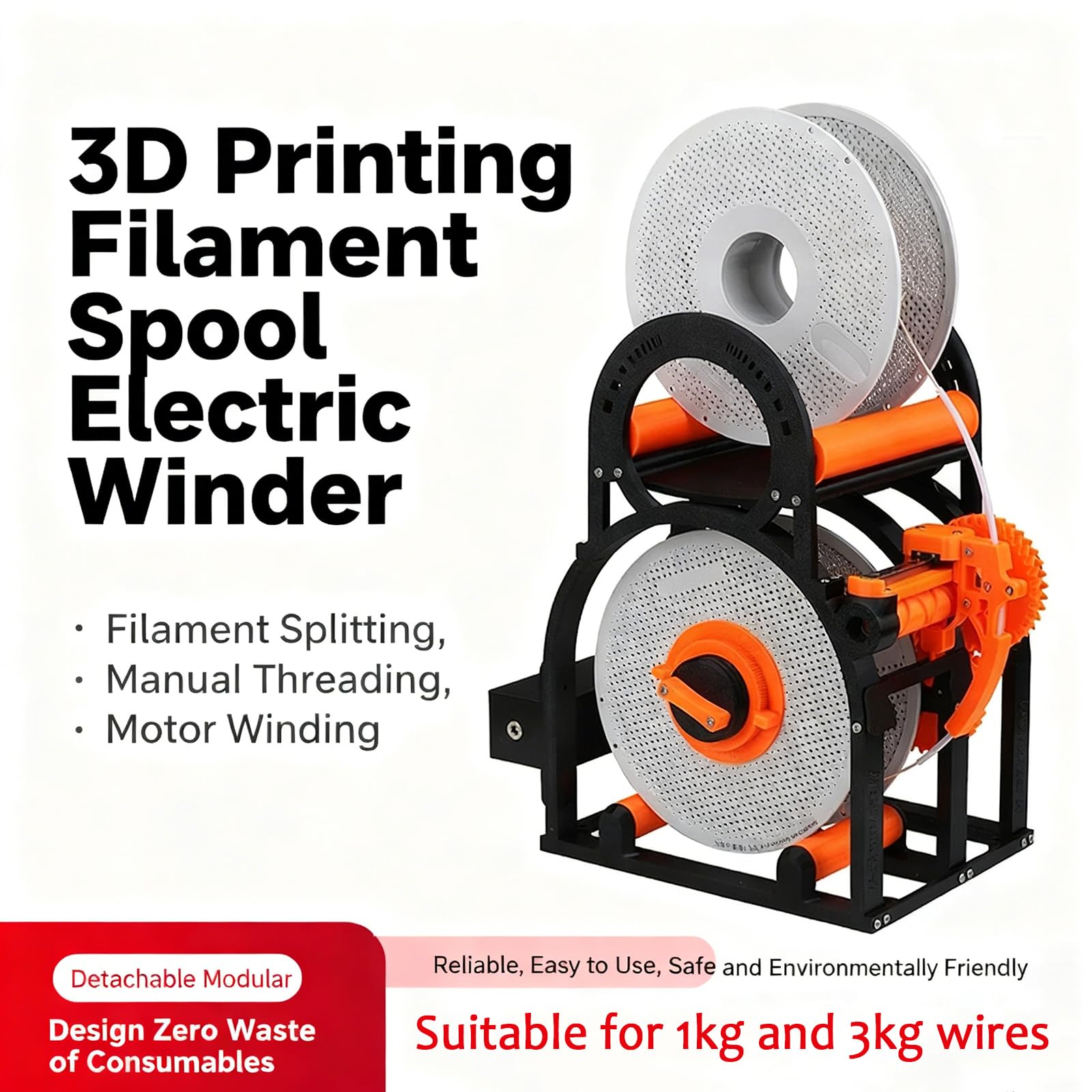 Bobinadora eléctrica de filamento con diseño modular extraíble, evita enredos, ideal para impresión 3D y artes textiles