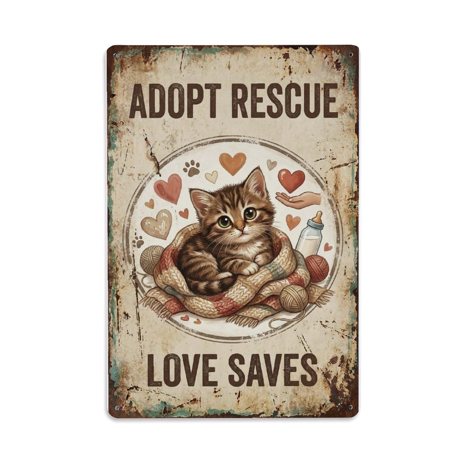 Adopt Rescue Love Saves Kitten Metal Tin Sign Plaque Wall Decor for Cafe, Club Bar, Office, Home Garden Metal Poster 8x12Inch