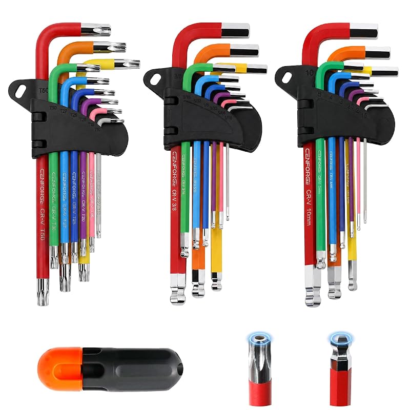 Kit de Chaves Allen Magnéticas e Torx com Cabo T, Longas, Métricas e SAE, Aço CR-V, CENFORGE, 28 peças