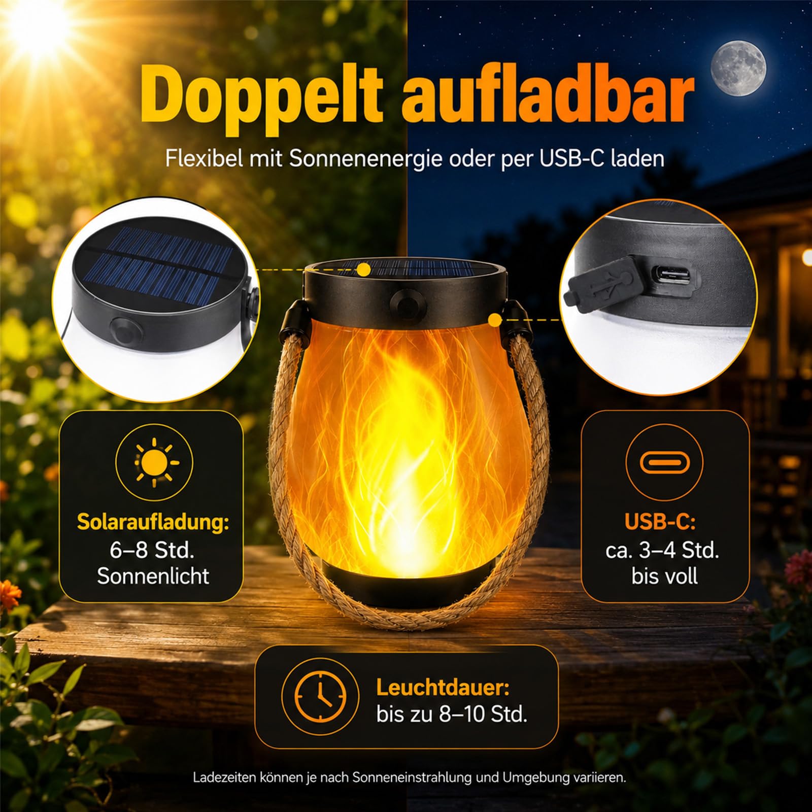 Klynero Solar Laterne Outdoor mit LED-Flammeneffekt, IP65 Wetterfest (2) | Warmer Flammeneffekt, Solar- und USB-C-Ladung, über 10 Std. Licht – ideal für Garten, Balkon und Terrasse.