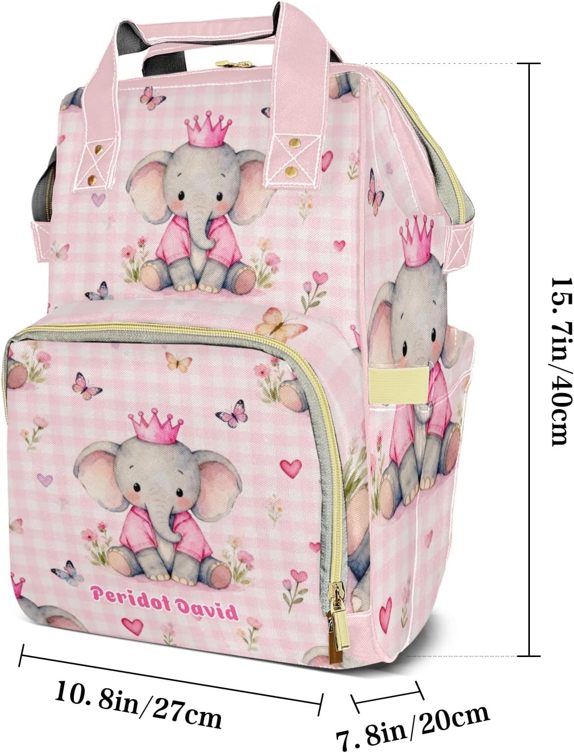 Personalized Diaper Bag Cute Princess Elephant Pink Nursing Baby Bags Nappy Bag with Name Casual Travel Nappy Backpack with Thermal Pockets Customized