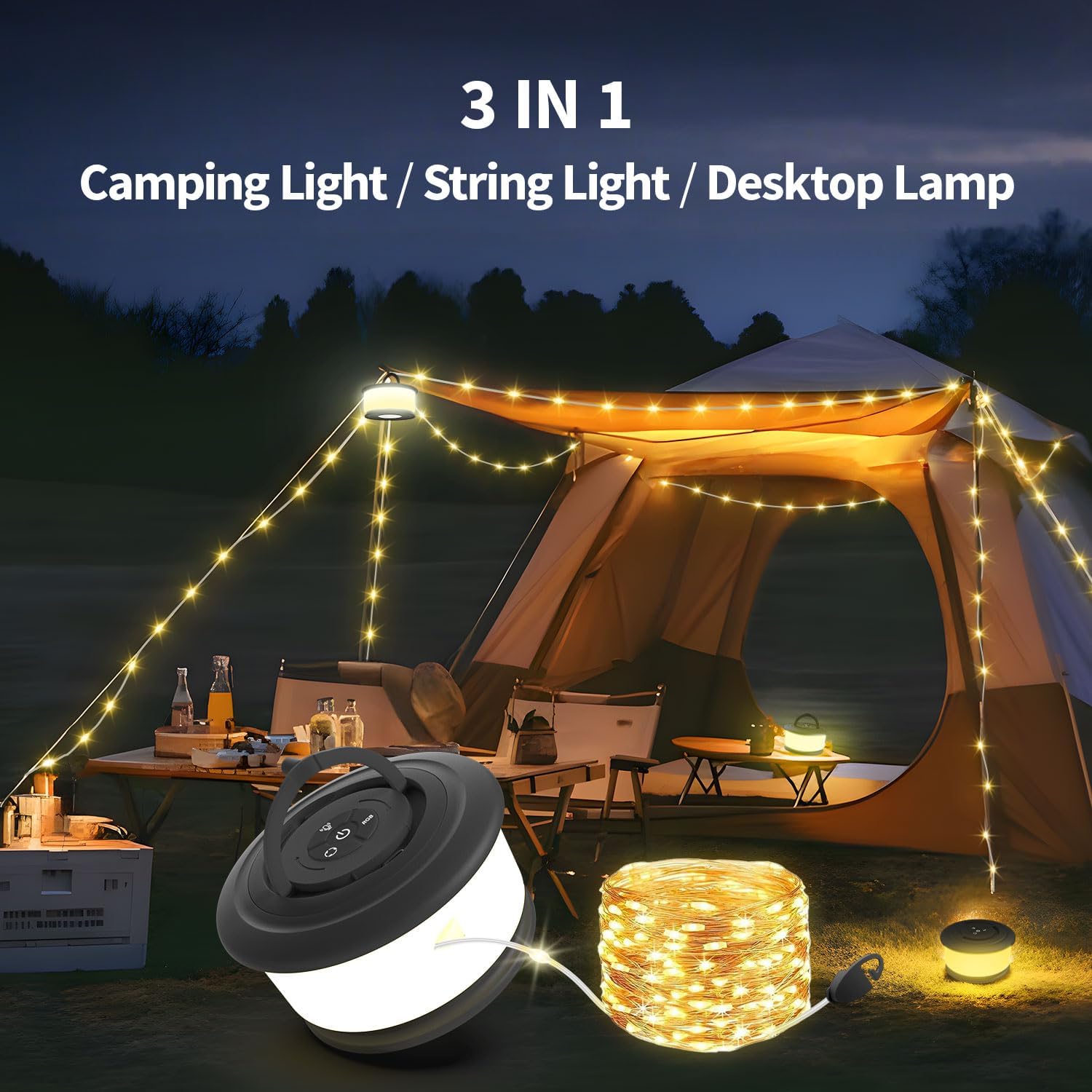 2pcs Camping String Lights,2 in 1 Upgraded 32.8FT Rechargeable Tent Lights String with 19 Lighting Modes,Quick Storage camping lights，Portable LED Lamp for Bedroom Yard Decor Christmas (Black)