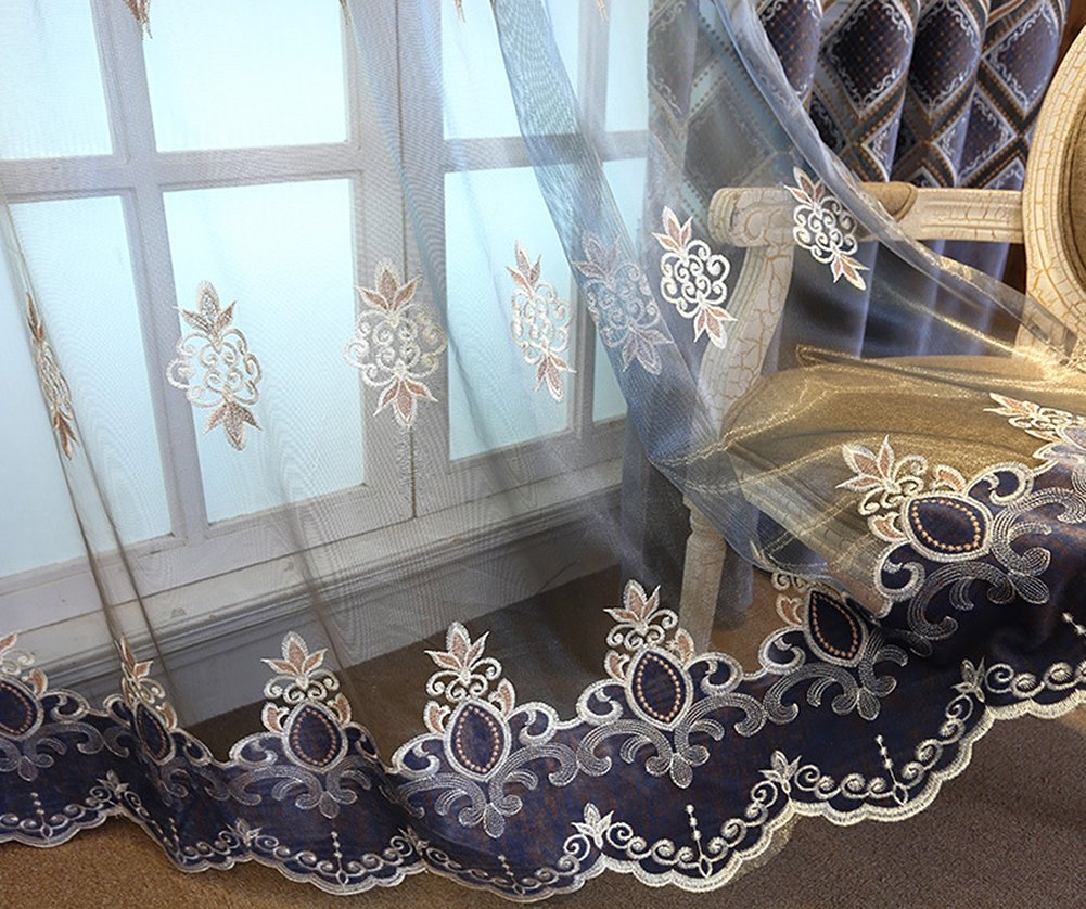ABCWOO Exquisite Design Beautiful Embroidered Sheer Curtain Rod Pocket Transparent Window Treatment/Voile Panel/Drapes For Bedroom Dining Room and Living Room(2 Panels, W 52 x L 95 inch, Blue)