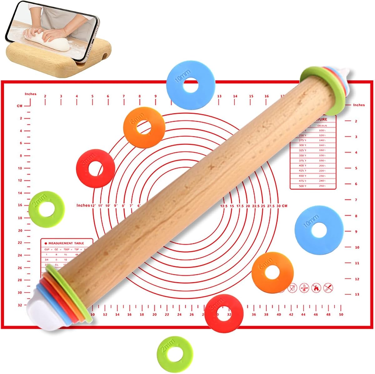 Adjustable Wooden Rolling Pin with 4 Thickness Rings (2/4/6/10mm), Pastry Baking Mat with Measurement Guide, Wooden Phone Stand, Baking Tools for Fondant, Pizza, Pie Crust & Cookies (Beech Wood)