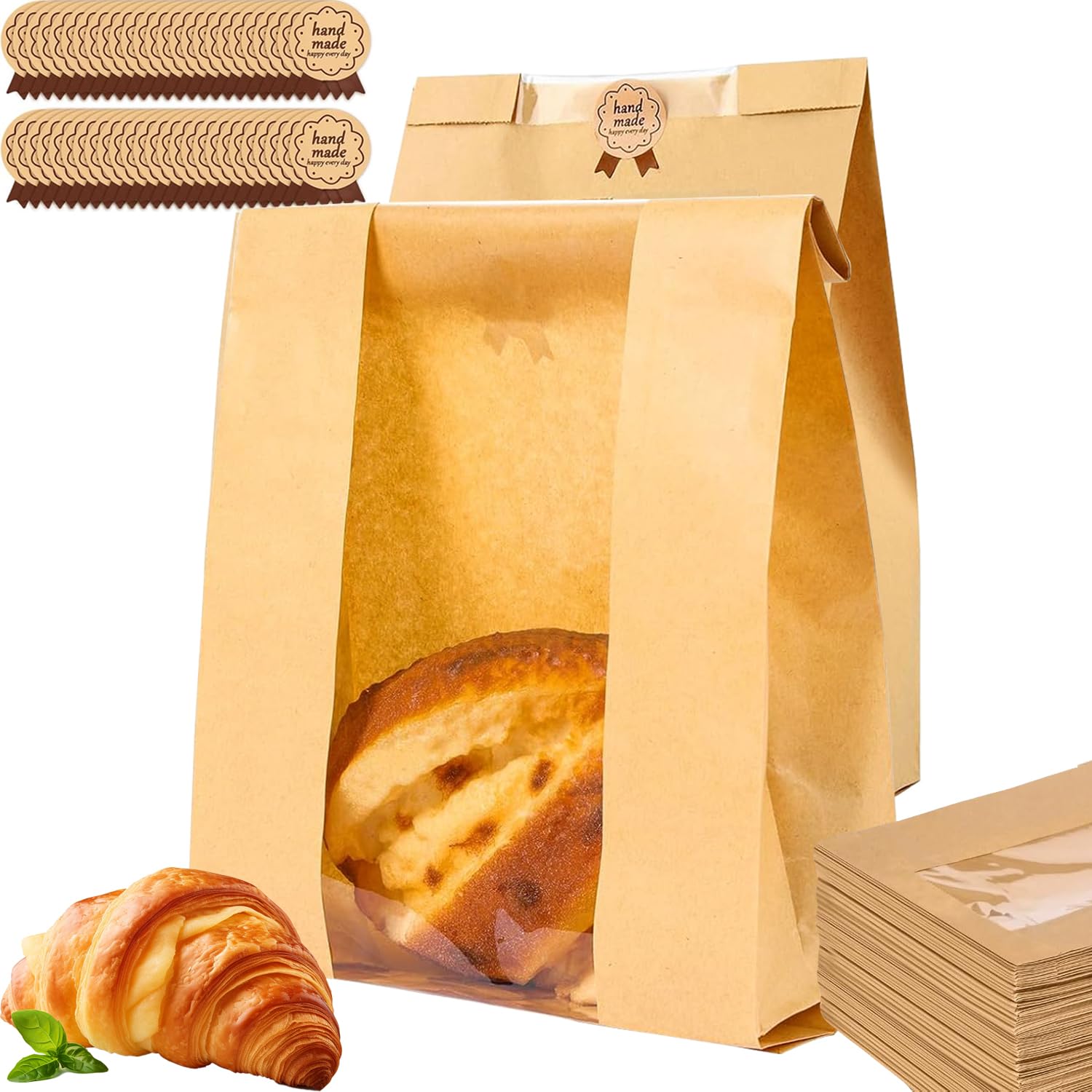 30 Pack Paper Bread Bags for Homemade, Sourdough Bread Bags, Food Rade Brown Kraft Paper Bakery Bags with Clear Window, Waterproof & Oil-resistant, with Label Seal Stickers, 13.7 x 8.2 x 3.5 inch