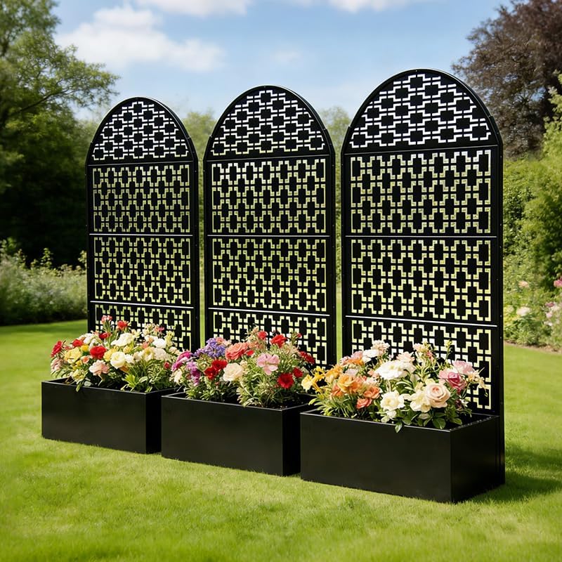 ZeHuoGe Arched Garden Privacy Screen with Planter Box,70.86" Tall Metal Freestanding Fence Planter, Arched Decorative Privacy Screen for Patio, Balcony, Backyard (46" L)