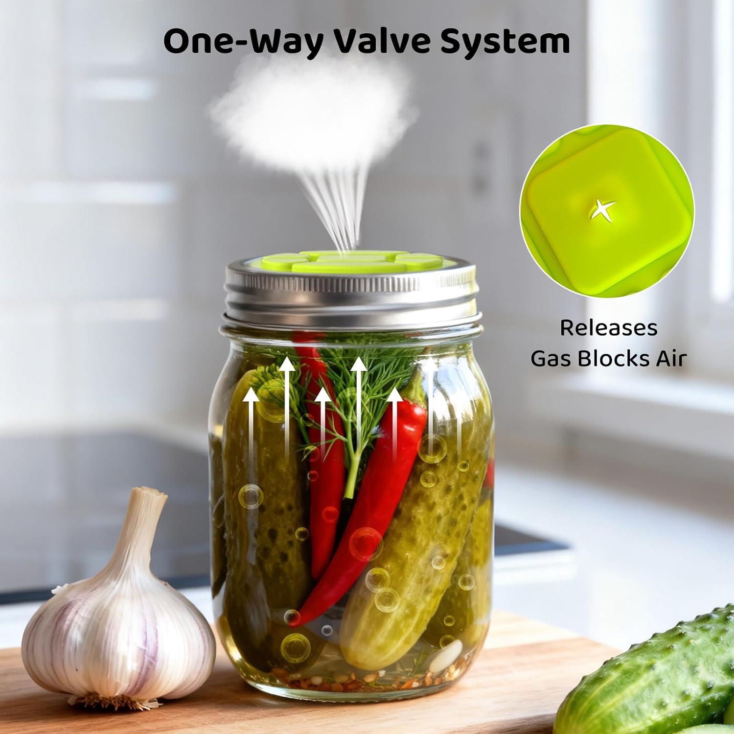 Perfect Fit: 5-Pack Fermentation Lids for Regular Mouth Mason Jars, Silicone Airlock Lids for Standard Ball & Kerr Jars, Self-Burping Valve for Pickles, Relish & Small Batch Ferments