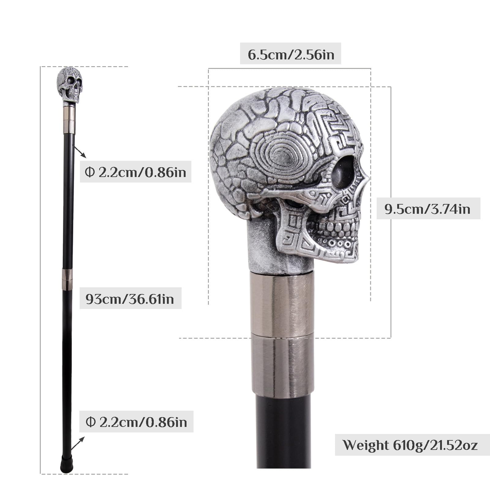 Bastón de Paseo de Resina con Empuñadura de Calavera, Bastón Elegante Desmontable en 2 Tramos para Hombre y Mujer, Cetro Antideslizante para Cosplay y Fiestas Vintage 93 Cm(Silver)