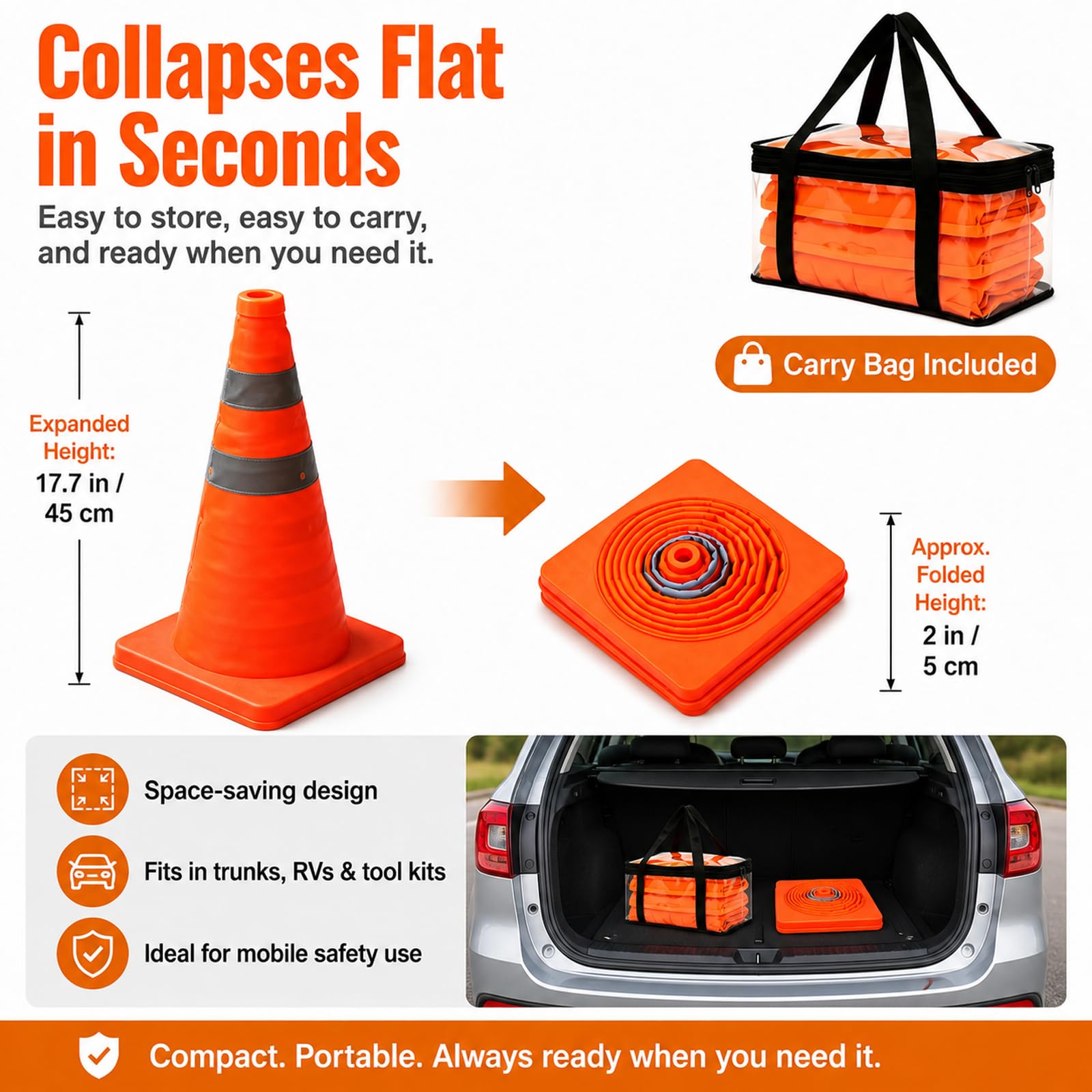 4 Pièces Cônes De Sécurité Pliables 45cm Cônes De Signalisation, Cône D'avertissement Réfléchissant Cône De Trafic Pliable Cônes De Sécurité Für Régulation du Trafic Et Chantiers Orange