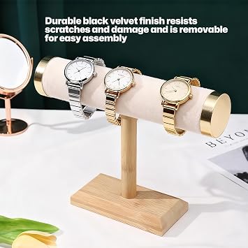 T-Bar Bracelet Holder Stand, Beige Bracelet Stand Display Organizer Storage for Women Jewelry Accessories Scrunchie Head Ties (Gold Metal Lid)