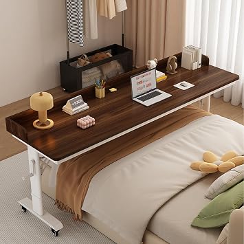 Overbed Table with Wheels, Overbed Desk with Adjustable Length and Height, Rolling Over Bed Desk, King Queen Over The Table, for Home, Sofa, Bed, Medical, Eating UseBrown