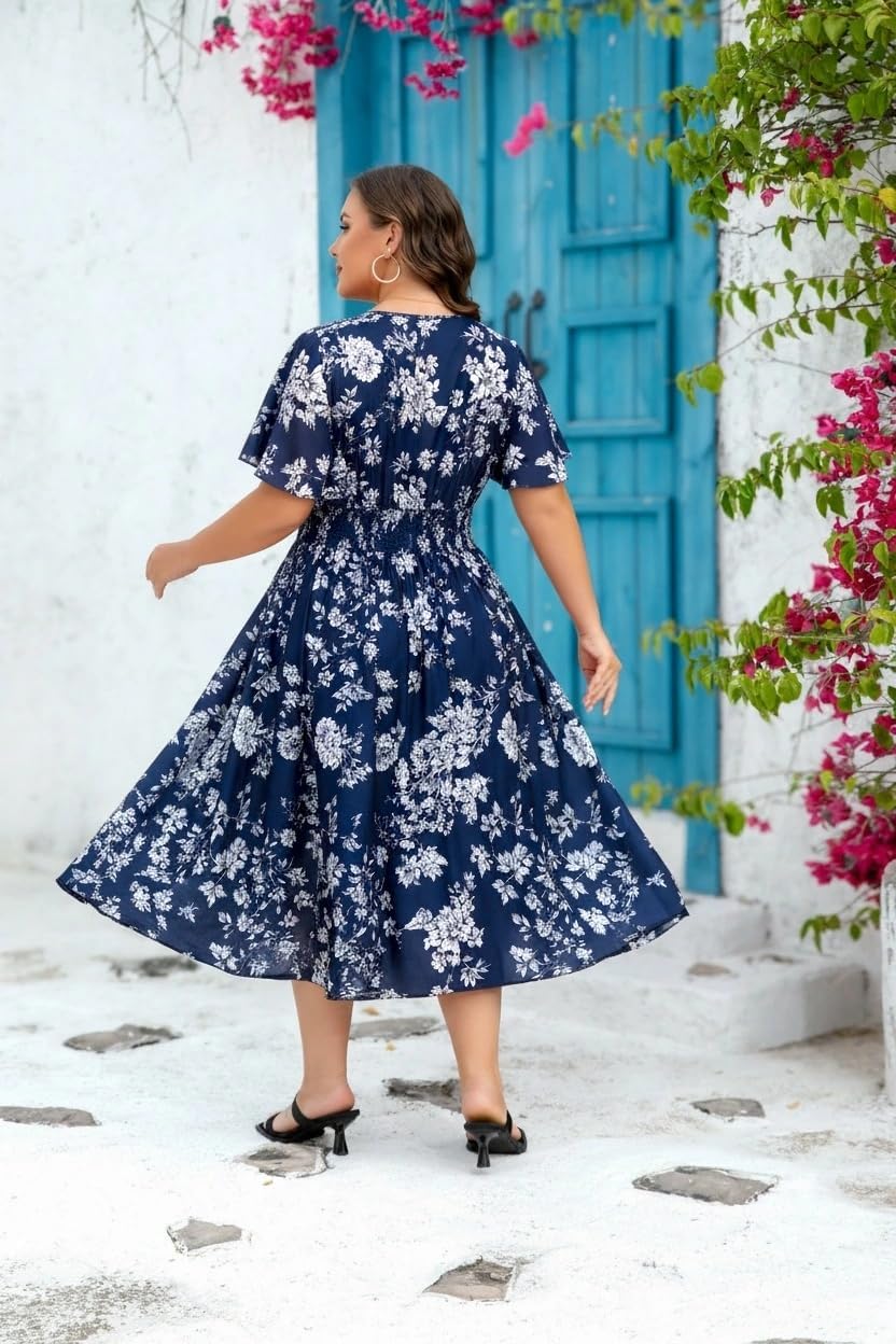 Women's Plus Size Summer V Neck Long Dresses Short Sleeve A Line Ruffle High Waist Flowy Casual Dress - Image 3