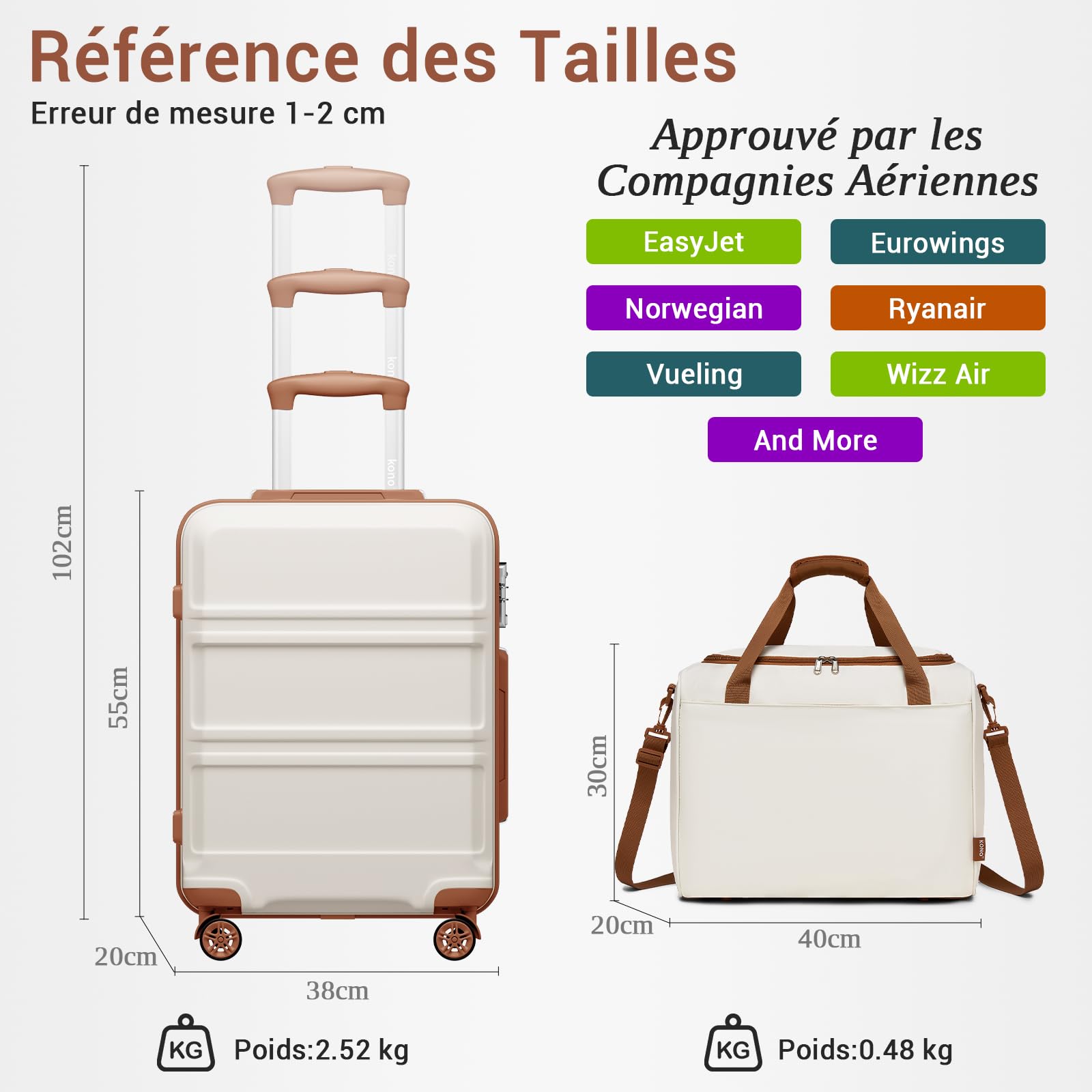Kono Set de 2 Valises de Voyage Rigide Bagage Cabine 55cm à 4 roulettes avec Serrure TSA + Sac de Voyage Ryanair 40x20x25cm, Blanc Crème