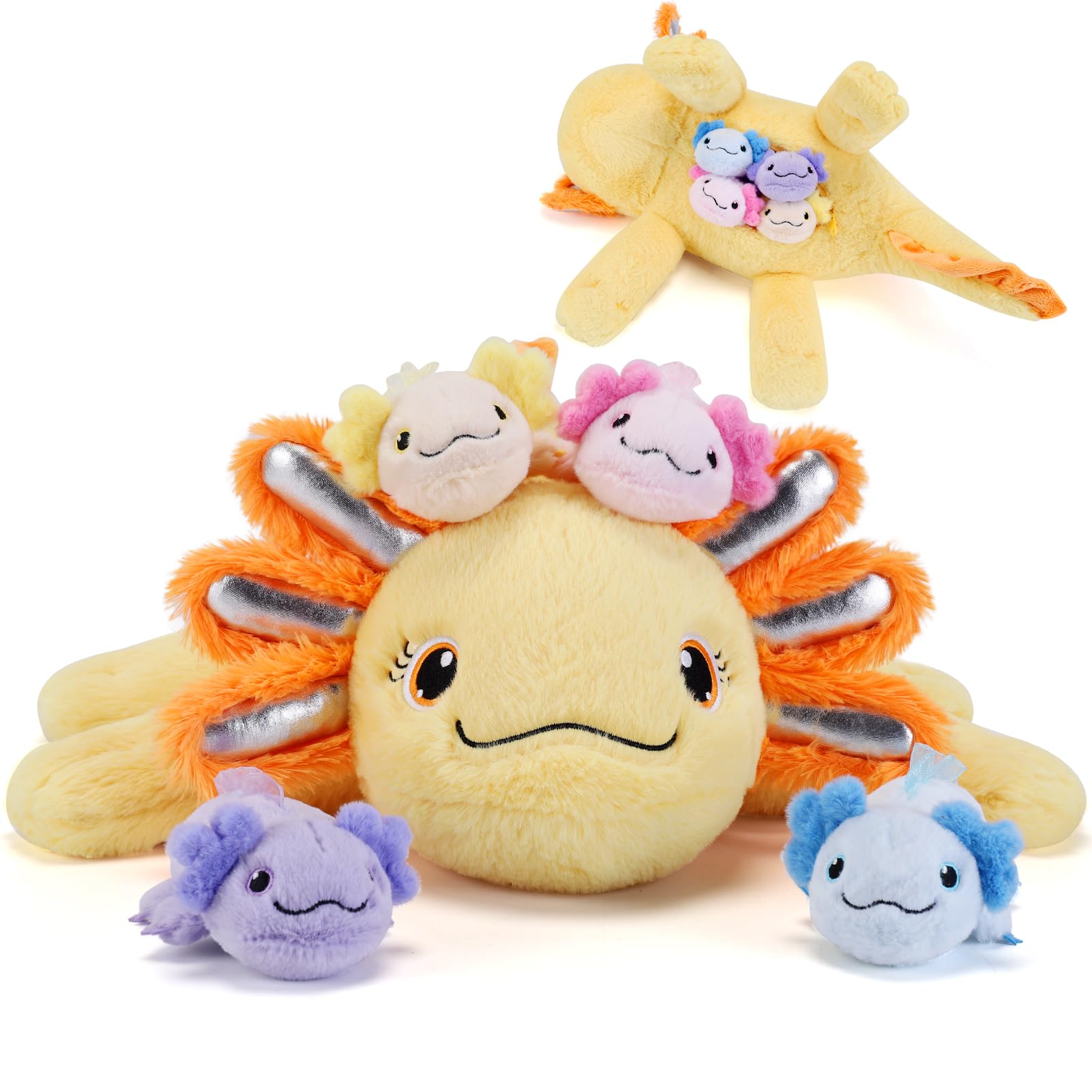 5 Pieces Axolotl Stuffed Animals with Babies Inside Belly - 1 Mommy Stuffed Axolotl with 4 babies - Yellow Axolotls Plush Toy for Kid Age 3-8, Gift Ideal for Christmas, Valentine's, Birthday