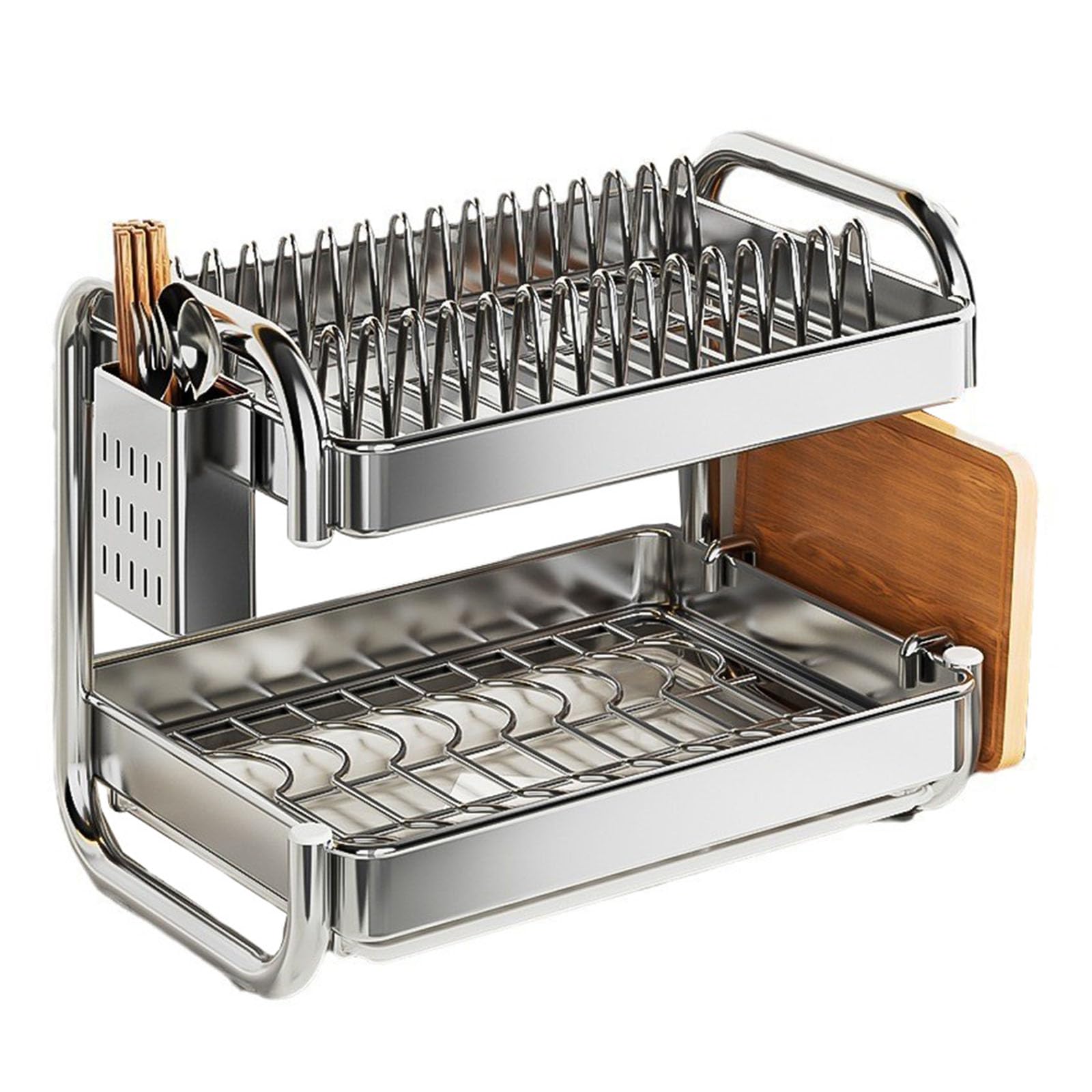 Organizador de cocina en forma de C de 2 capas con escurreplatos integrado para utensilios y almacenamiento de tabla de bambú. Estructura de metal robusta Soporte de vajilla multifuncional con tabla