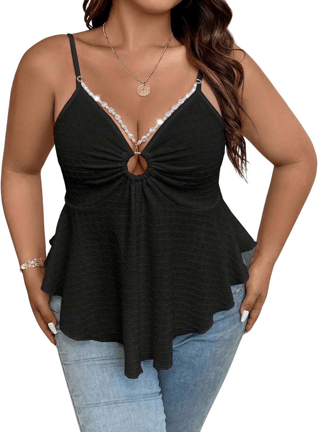 SHENHE Women's Plus Size V Neck Asymmetrical Flared Hem Cute Peplum Top Boho Camisole Tank - Image 7