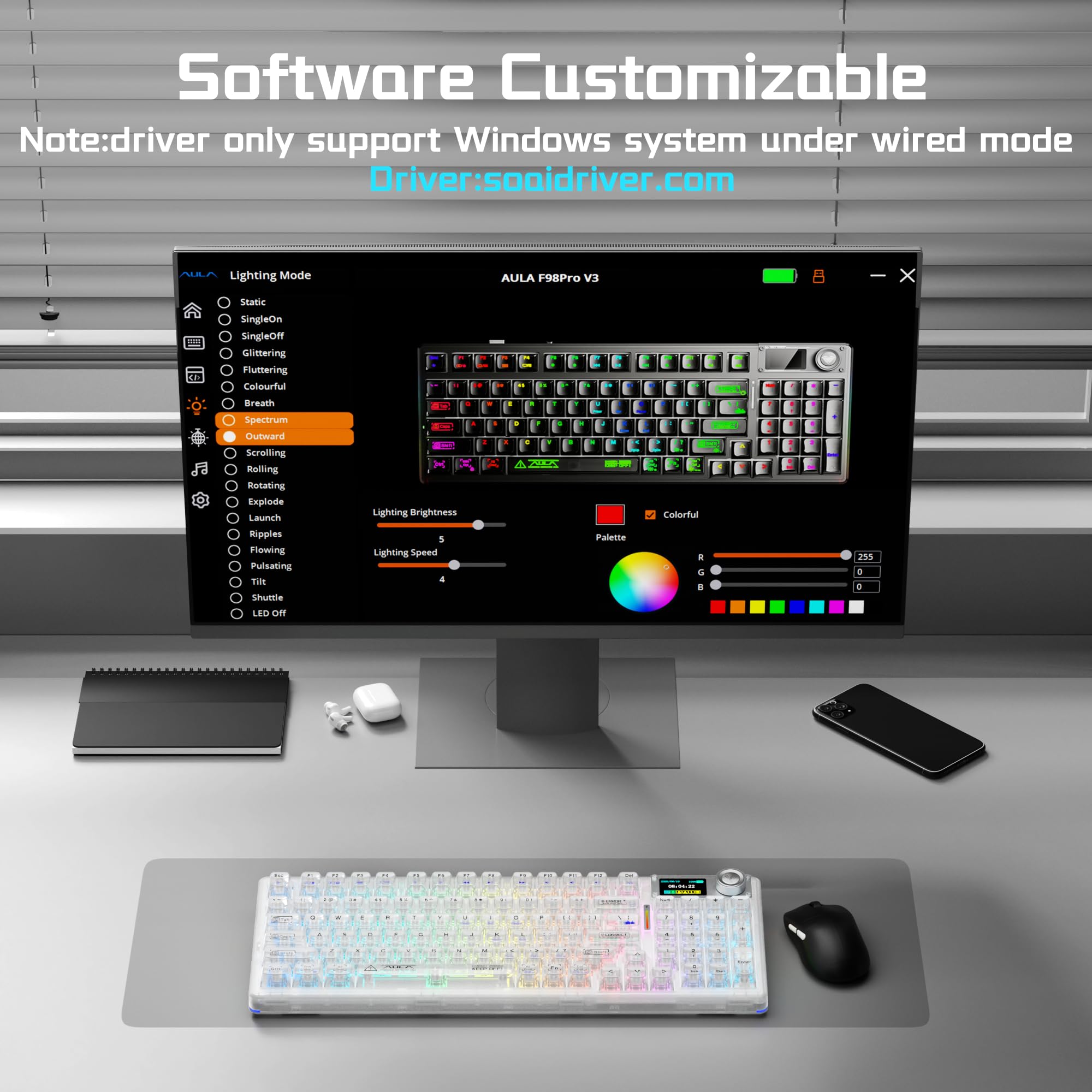 AULA F98Pro V3 Kabellose Gaming Tastatur mit Display & Knopf | BT/USB-C/2,4GHz,Gasket,Hot-Swap,10000mAh,Transparente Keycaps,RGB,Makro Software,Wireless Mechanische Tastatur für Tablet/PC