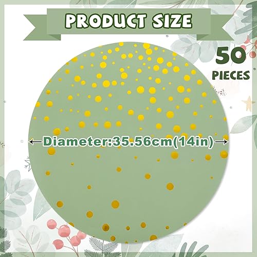 Miniatura 3 de Whaline 50 manteles individuales de papel verde salvia de Navidad de 14 pulgadas desechables de papel dorado con lunares, tapete de papel redondo