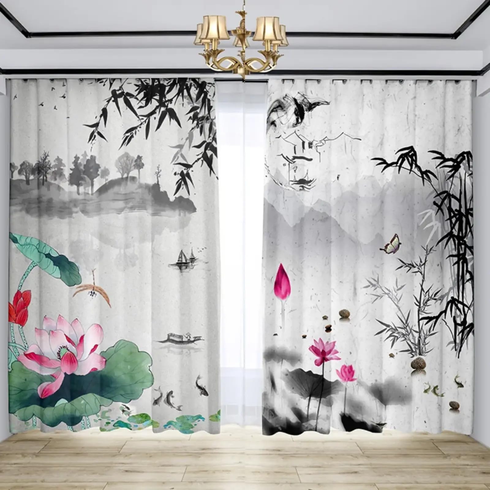 Rideaux occultants à œillets créez une ambiance zen motif lotus dans votre salon