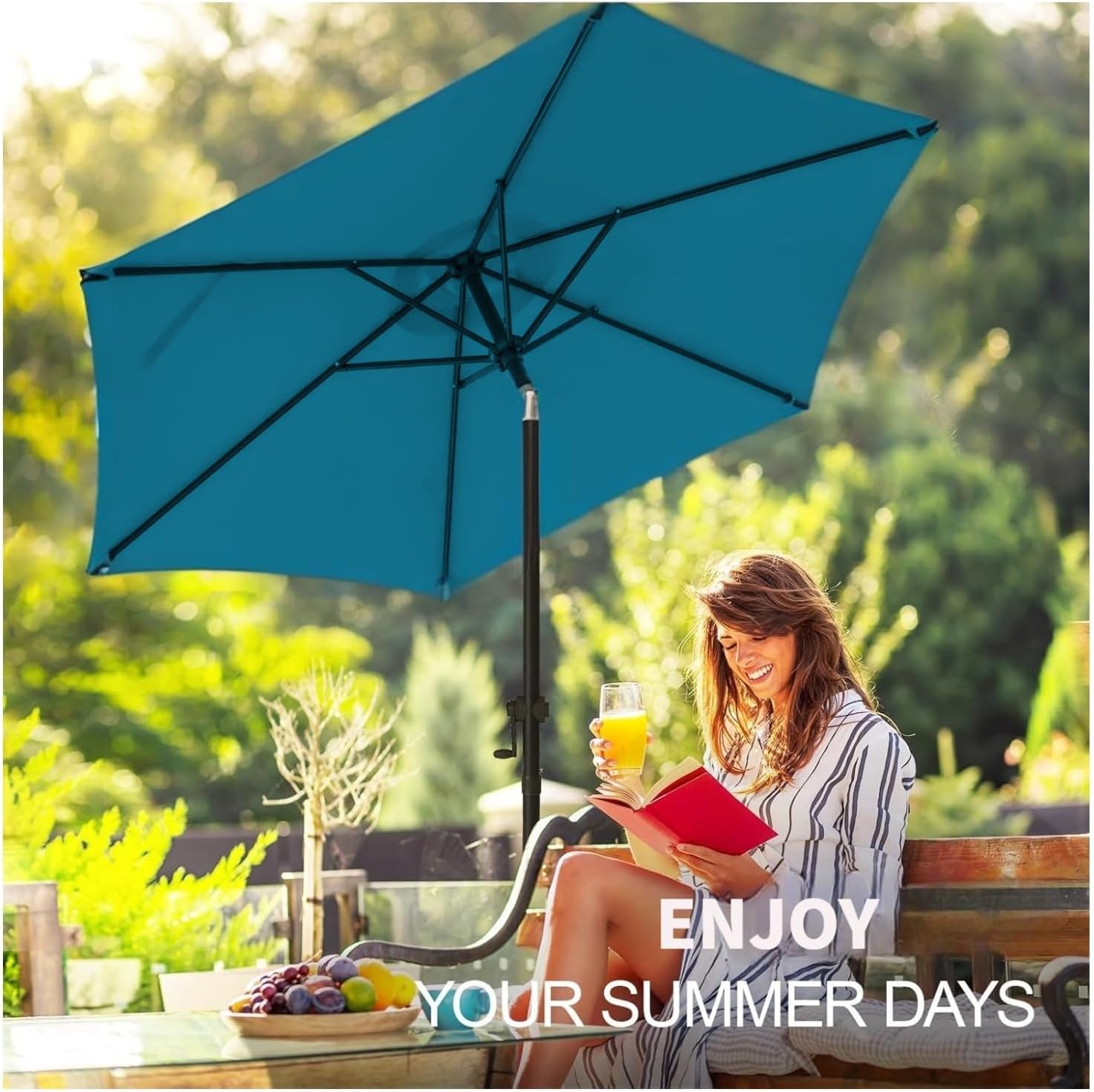 Outdoor Patio Umbrella with Push Button Tilt and Crank – UV-Resistant, Heavy-Duty & Windproof Design, 6 Sturdy Ribs for Market, Backyard, Poolside, or Garden Shade, 7.5Ft