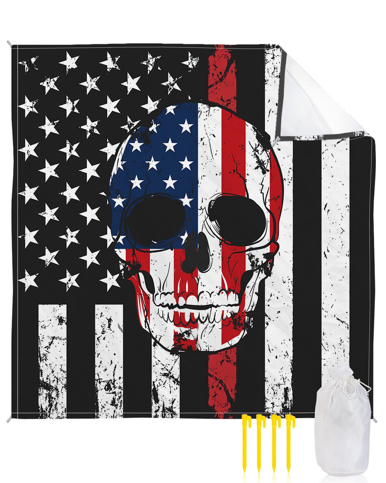 Beach Blanket Sandproof Waterproof Picnic Blankets USA Flag Skull Independence Day Star Extra Large Lightweight Outdoor Beach Mat with Corner Pockets for Travel/Camping Patriotic Vintage White Stripe
