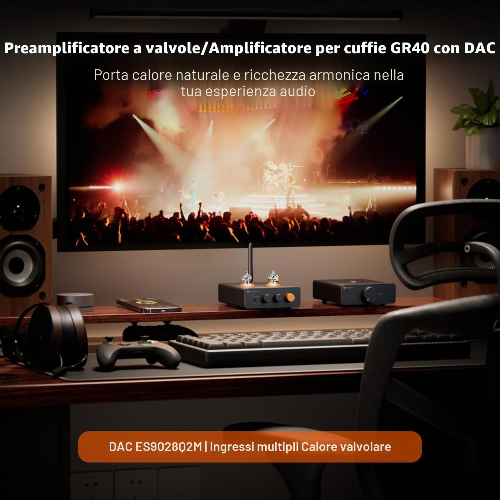 Fosi Audio GR40 Preamplificatore a Valvole con DAC, Amplificatore Cuffie, Convertitore Audio Bluetooth USB/OPT/COAX