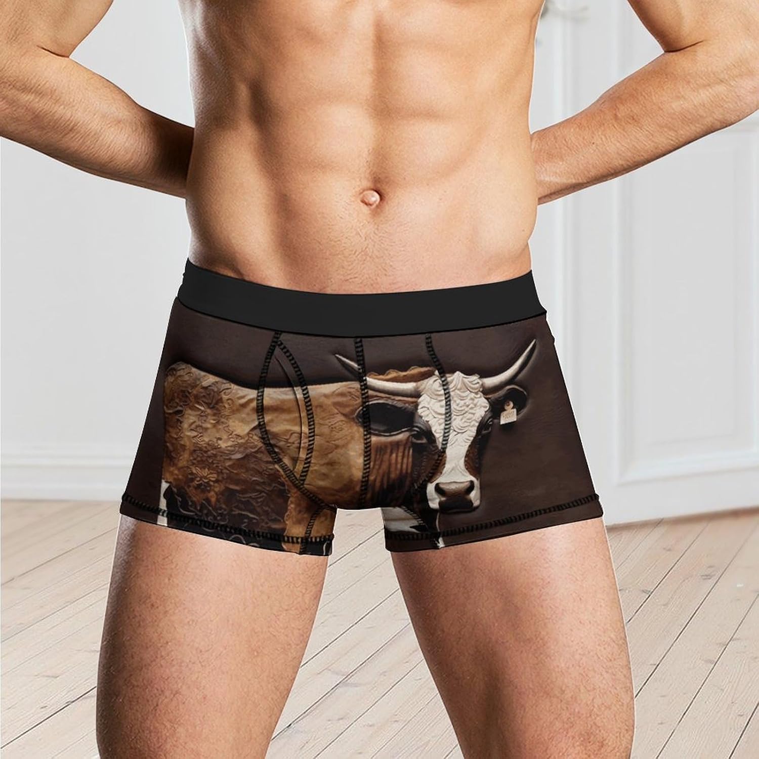 Cow in Brown Leather Mens Boxer Briefs Short Breathable Underwear Trunks Soft Moisture-Wicking Boxer Shorts Novelty Underpants 2XL
