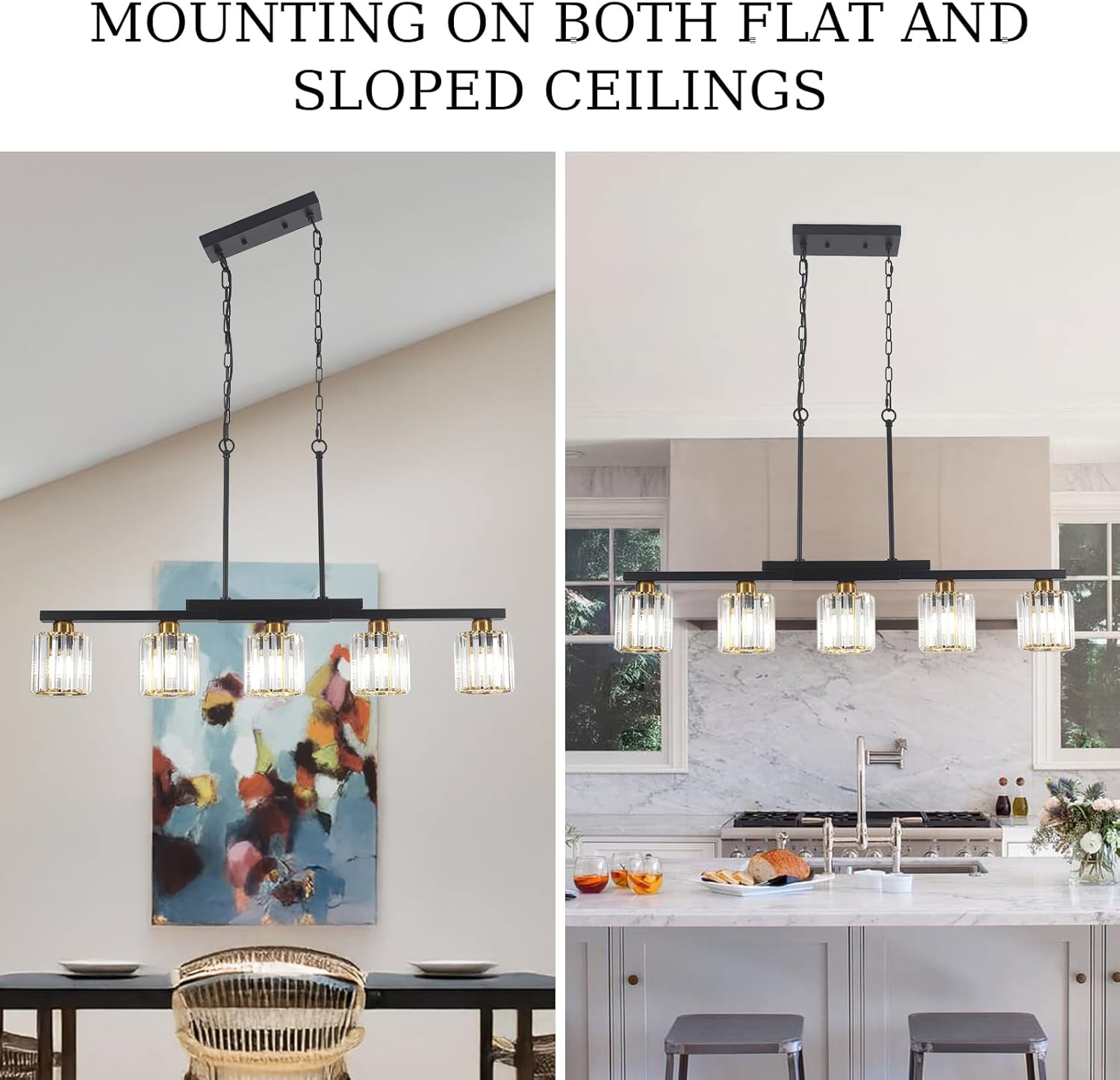 Kitchen Island Light Fixtures ，5 Lights Black and Gold Chandeliers for Dining Room Over Table, Modern Luxury Crystals Pendant Lighting Hanging