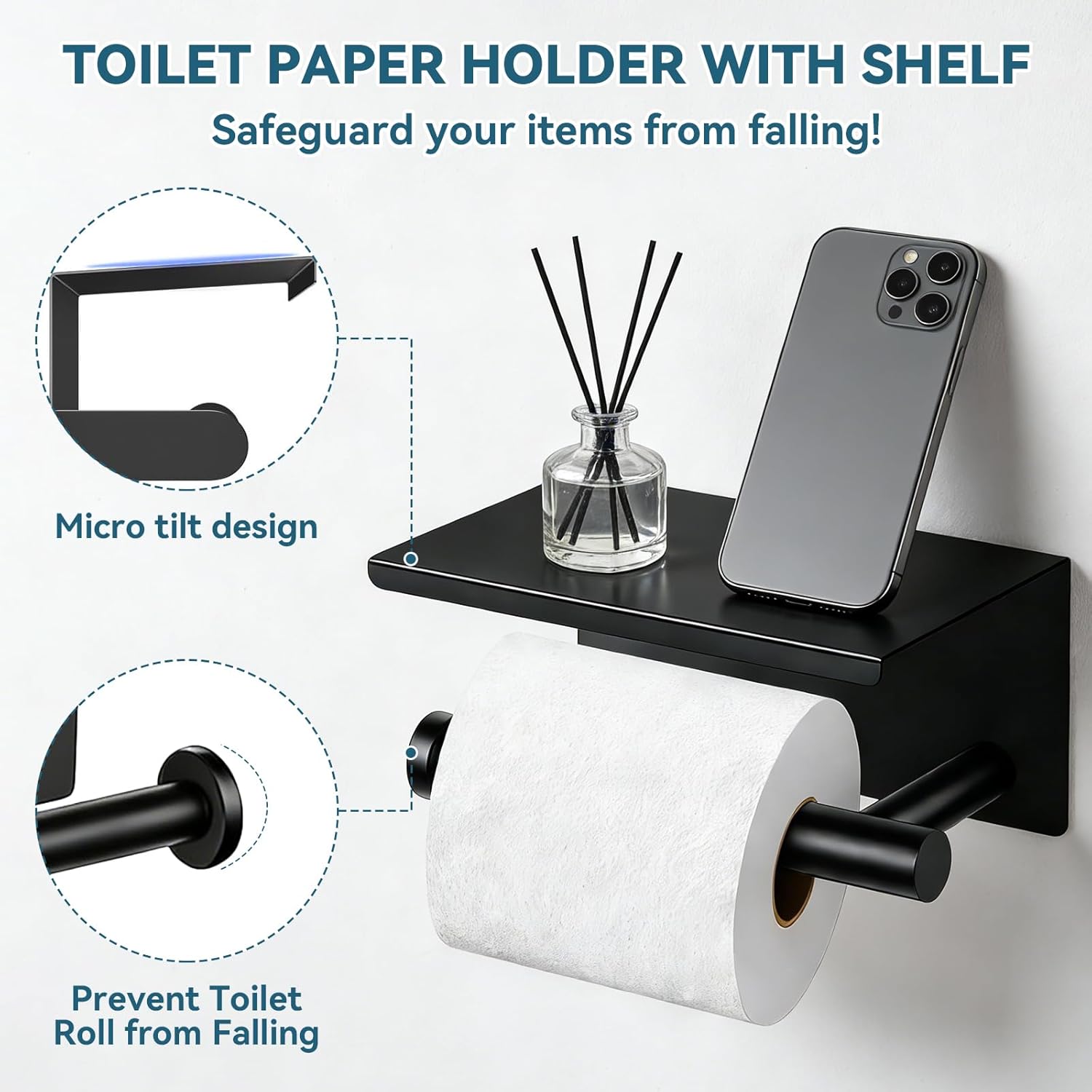 5-Piece Matte Black Bathroom Accessories Set, 24-Inch Wall-Mounted Towel Bar, Toilet Paper Holder with Shelf, SUS 304 Stainless Steel Bath Hardware, Towel Rack for Bathroom, Kitchen, Laundry Room