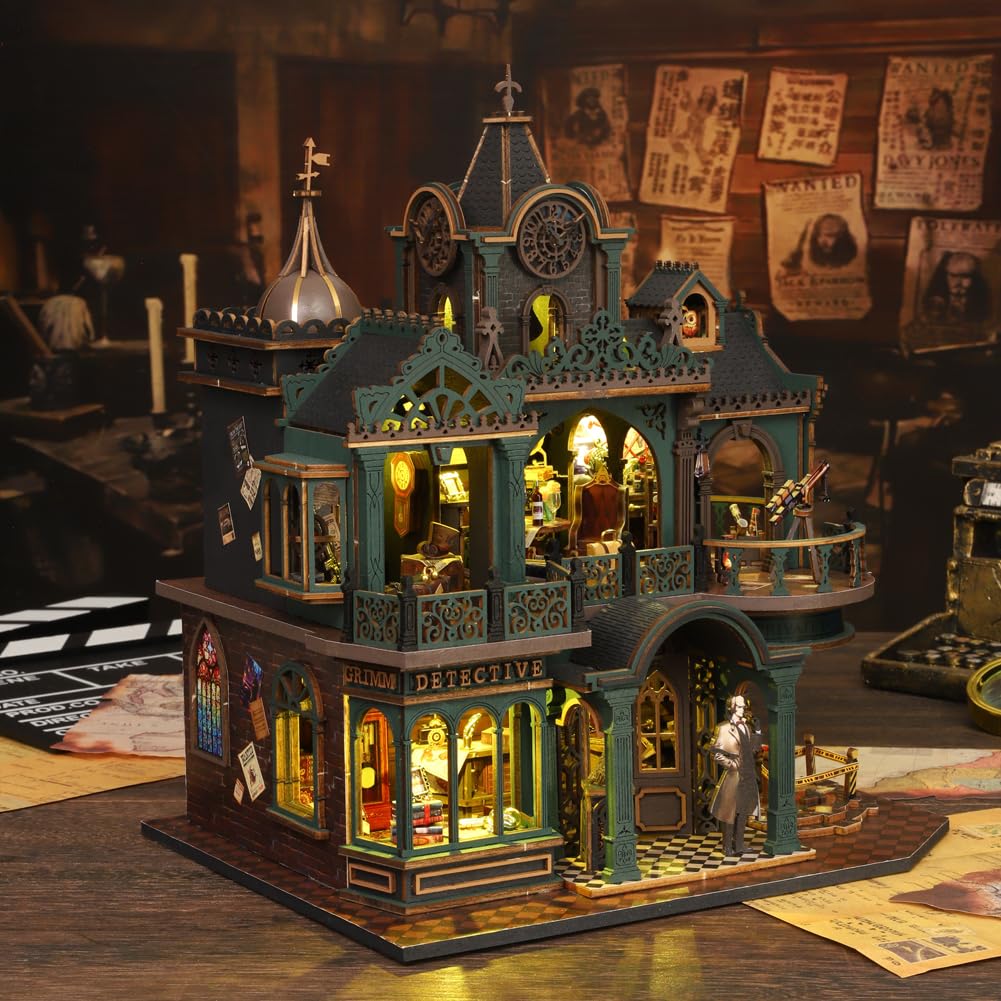 Agencja detektywistyczna Dollhouse – miniaturowy zestaw do samodzielnego montażu, drewniany domek dla lalek z meblami do montażu, puzzle z zamkiem detektywistycznym – kreatywny prezent urodzinowy