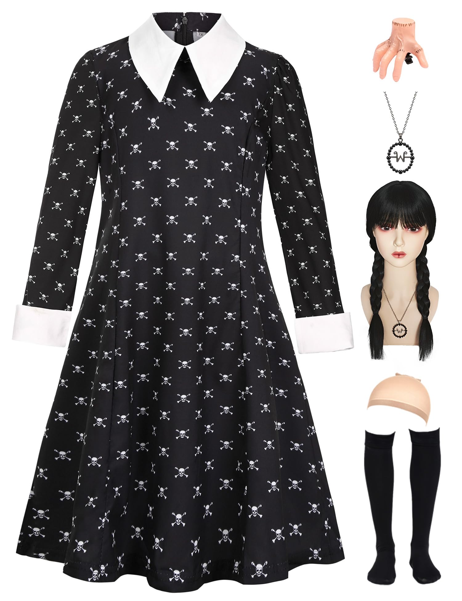 Enccfoeo Wednesday Addams Costume Dress for Girls Kids Toddler Halloween Skull Printed Black Dress Cosplay with Wig Socks Necklace Thing Hand Hairpin EN044-3XL