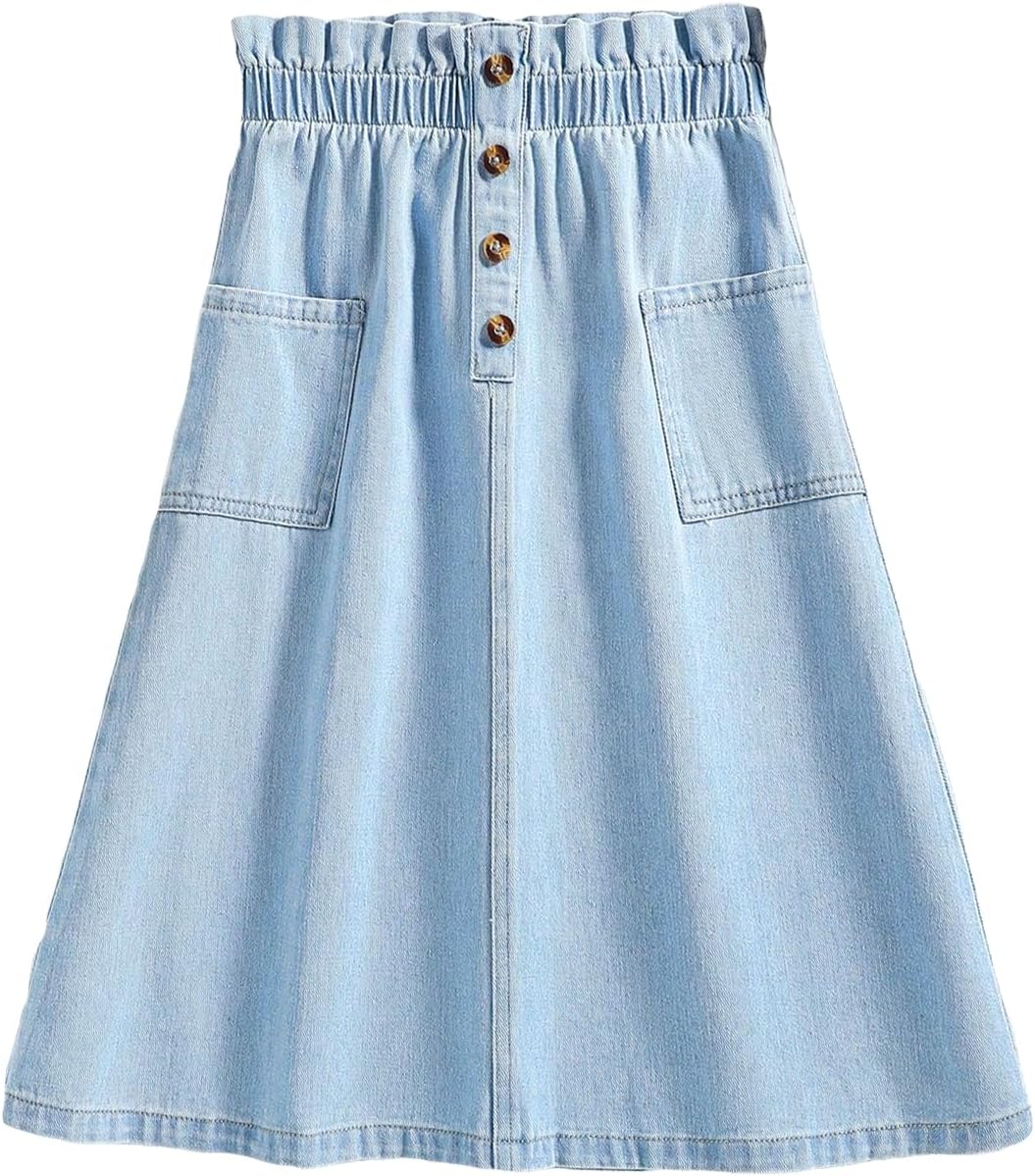 COZYEASEGirls' Paperbag High Waist A Line Skirt Button Front Midi Denim Skirts with Pocket