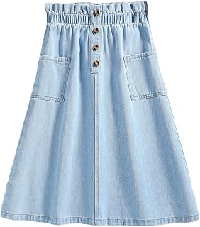 Girls' Paperbag High Waist A Line Skirt Button Front Midi Denim Skirts with Pocket