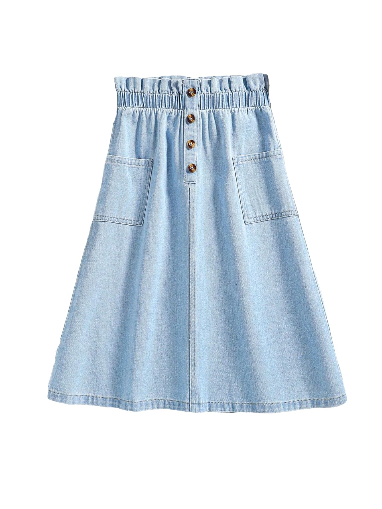 COZYEASEGirls' Paperbag High Waist A Line Skirt Button Front Midi Denim Skirts with Pocket