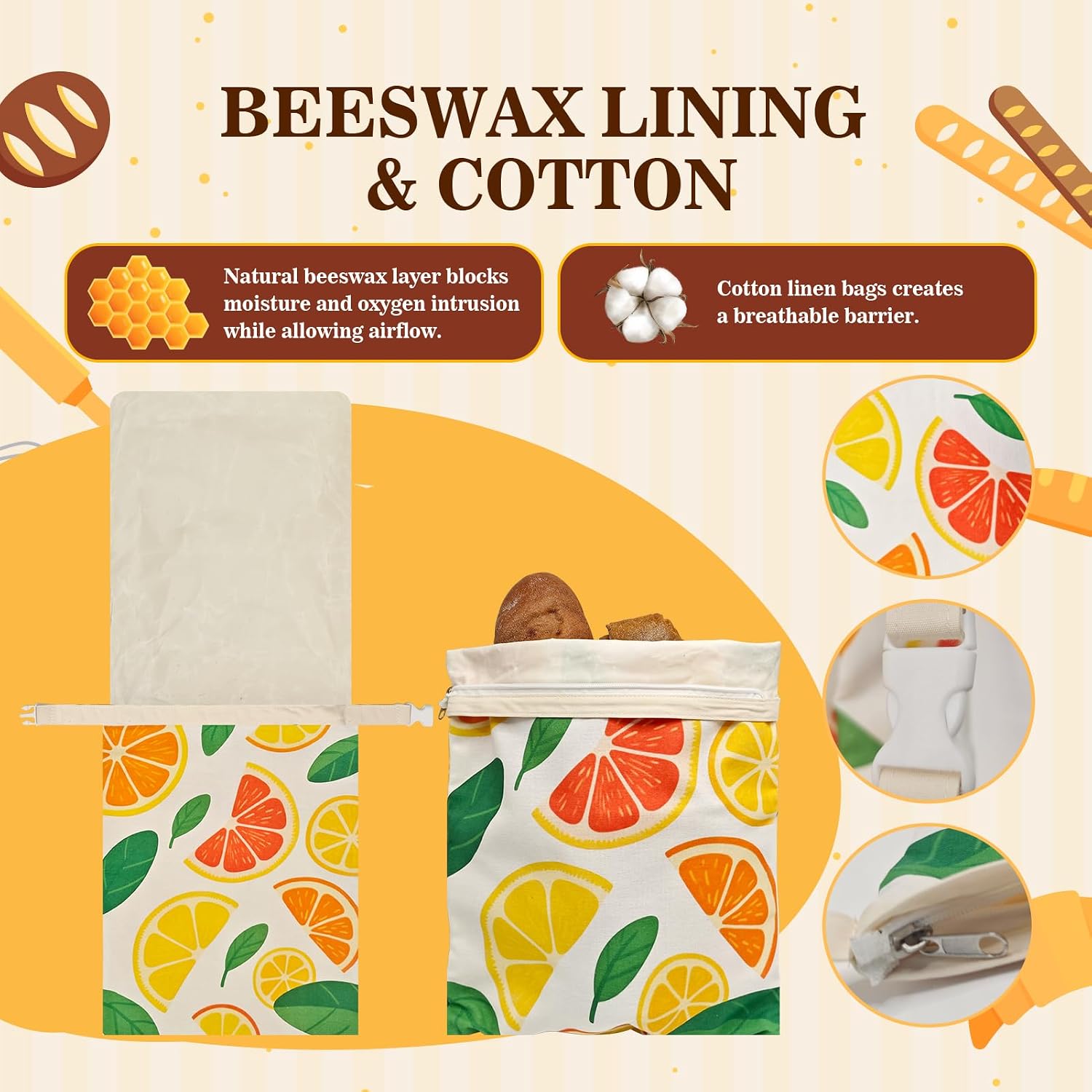 Beeswax Bread Bags for Sourdough 2 Pack 13"x17" Eco-Friendly Reusable Linen Cotton Storage Bags with Zipper Closure for Homemade Bread Fresh-Keeping, Freezer-Safe (Blood orange)