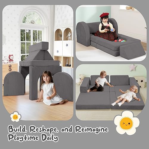 Miniatura 43 de MeMoreCool Sofá infantil para sala de juegos, sofá modular de 10 piezas, sofá convertible de pana, juego de construcción de fuerte de espuma para