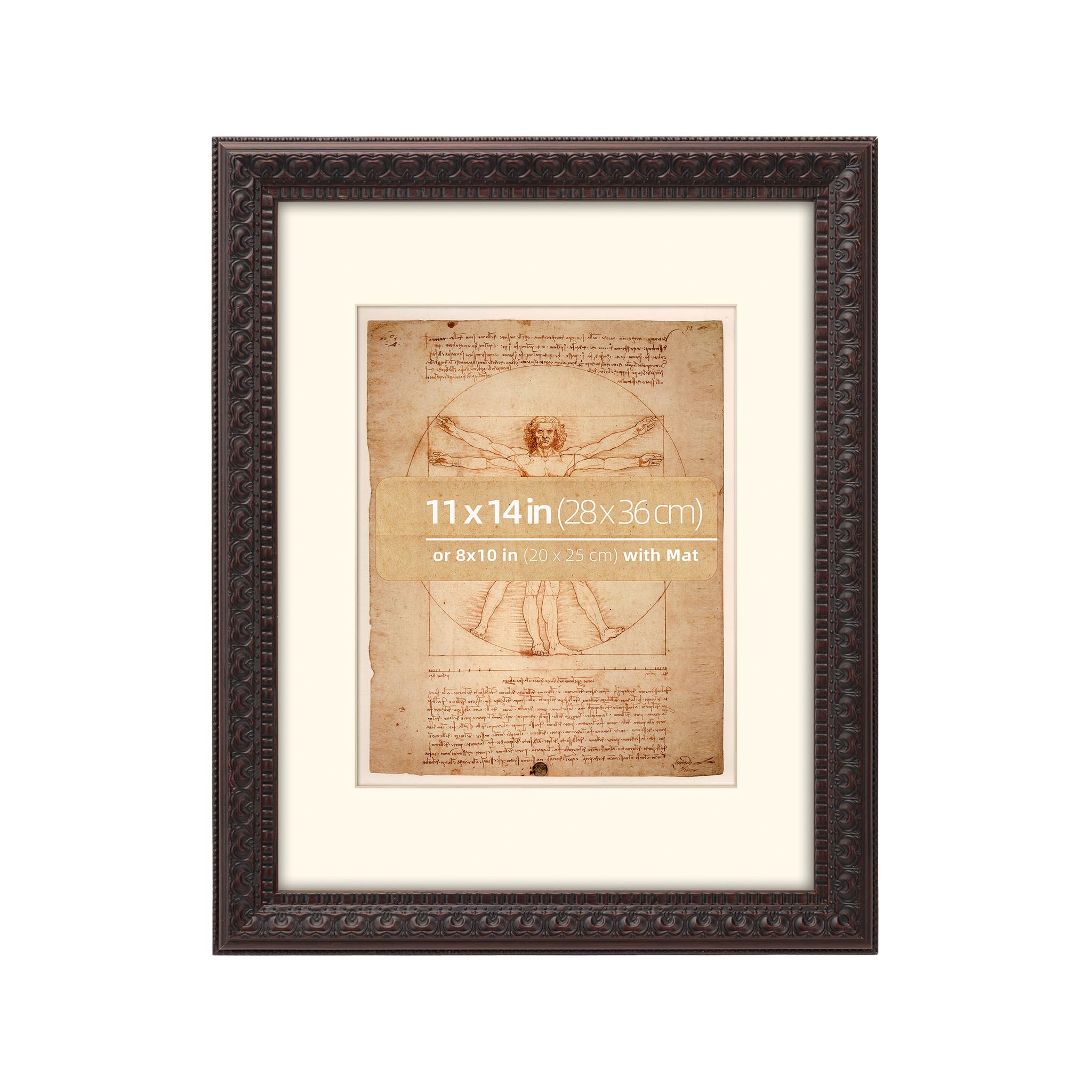WYNCO 11x14 Distressed Mahogany Ornate Wooden Picture Frame, with Mat for 8x10 Inches, Wall Mount or Tabletop Vertical or Horizontal Display, Real Glass