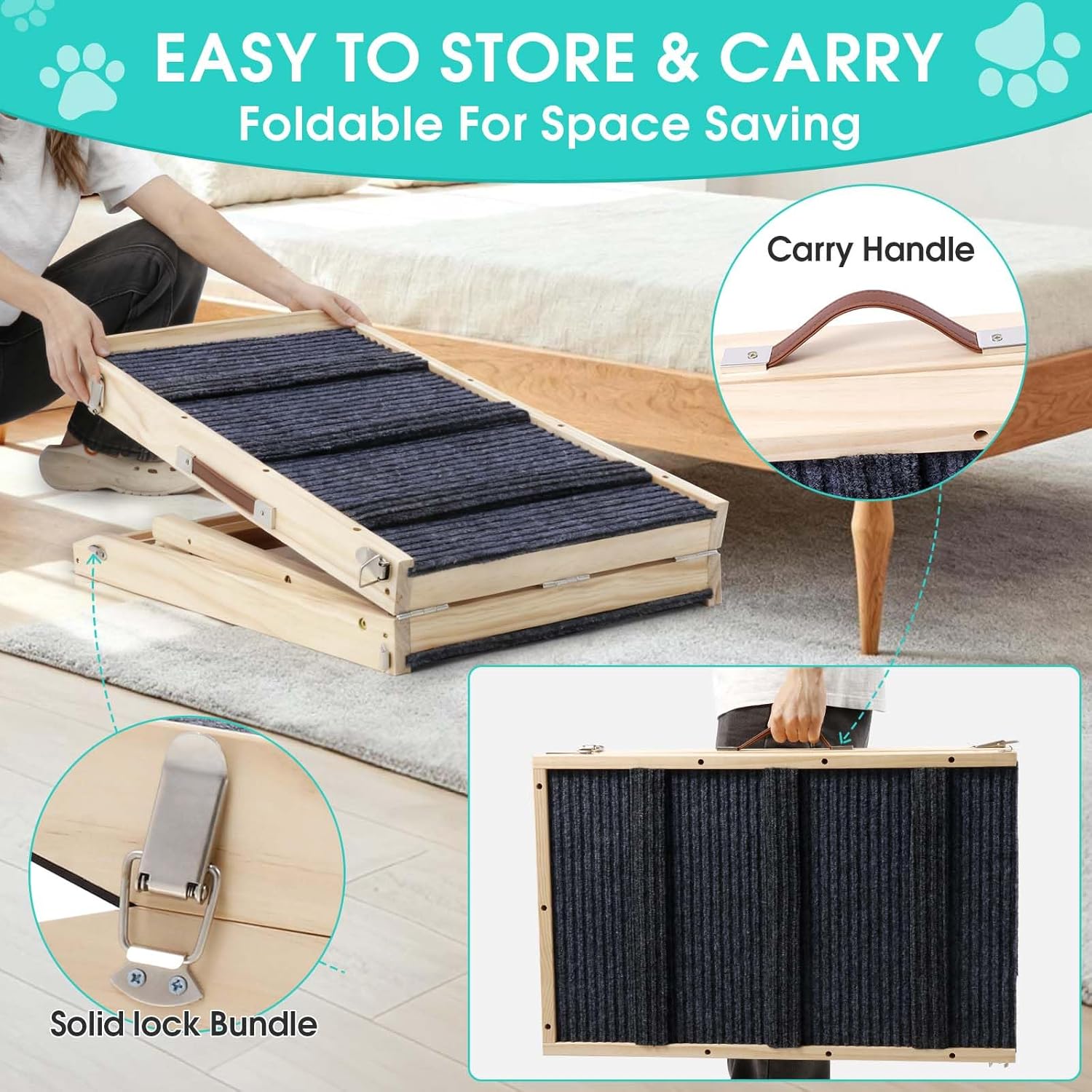 In hand Dog Ramp for High Bed with Safety Rails, Adjustable Foldable Pet Steps Ramp with Anti-Slip Pad, Assist Senior Arthritic, Injured, Small to Large Dogs to Climb Couch Bed Stairs Easily